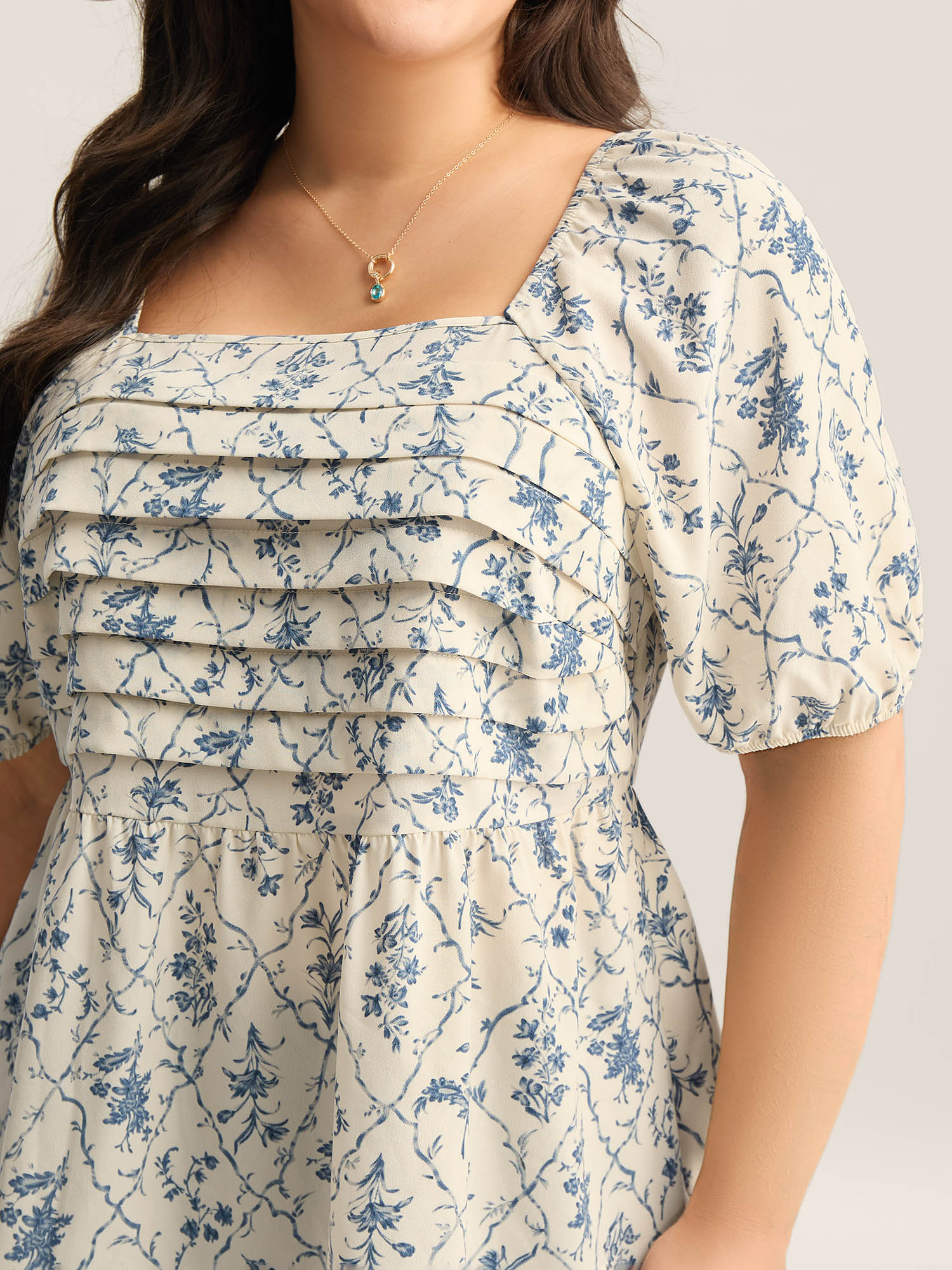 Bloomchic Women's Plus Size Floral Pleated Bodice Puffy Sleeve Blouse Beige Floral Elegant Short Sleeve Square In Sand