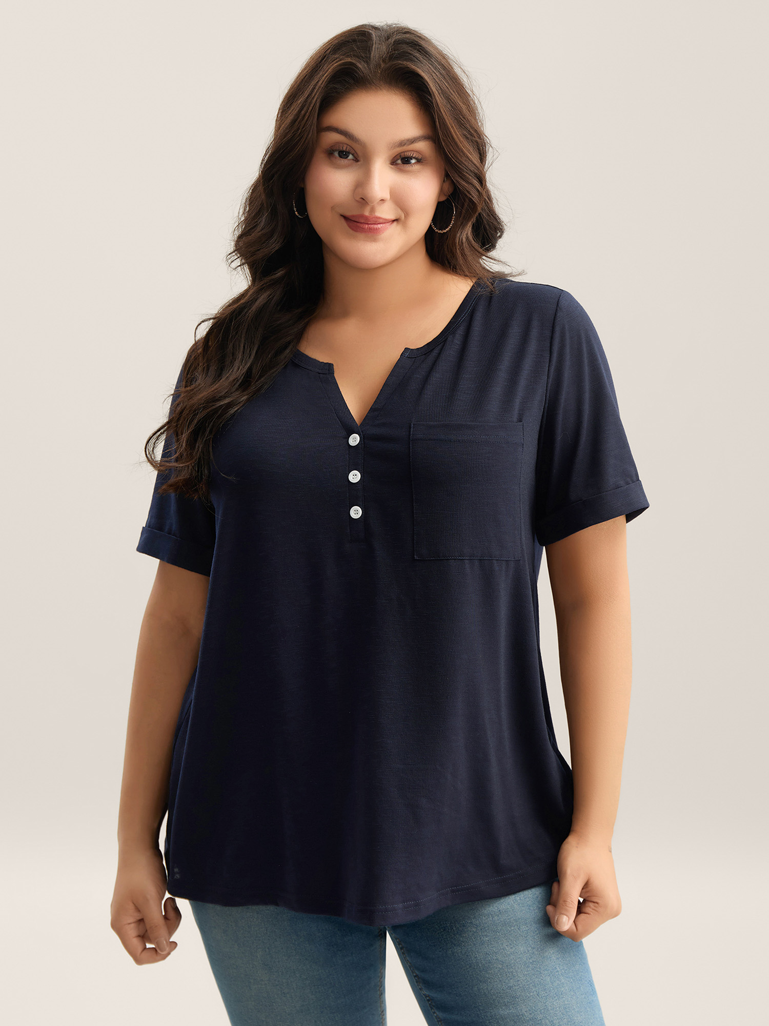 BloomChic Plus Size Solid Split Neck Button Detail T-Shirt - Women's Ocean Cavern Solid Round Neck Comfort Midsection Fit Long Sleeve Playful T-shirts 14/M