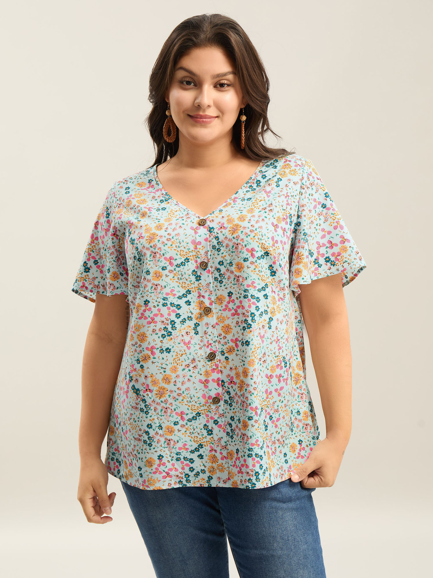 Bloomchic Floral Print V-neck Flowy Blouse In Blue