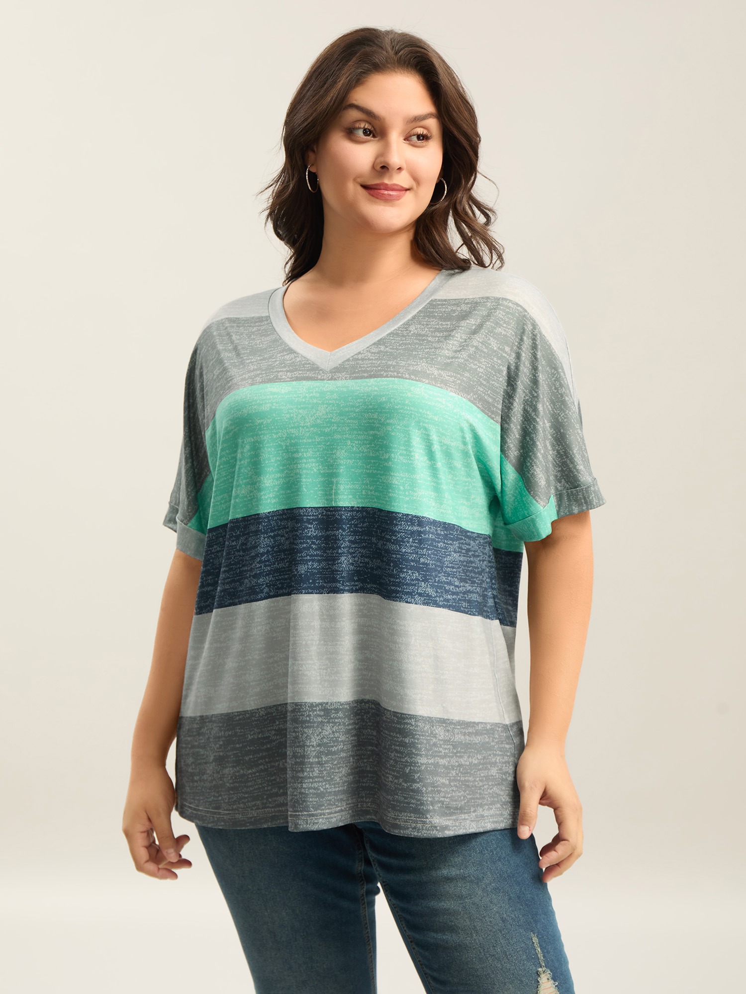 Bloomchic Women's Plus Size Multi-color Summer Stripes T-shirt Malachitegreen Stripes Casual Short Sleeve Swee