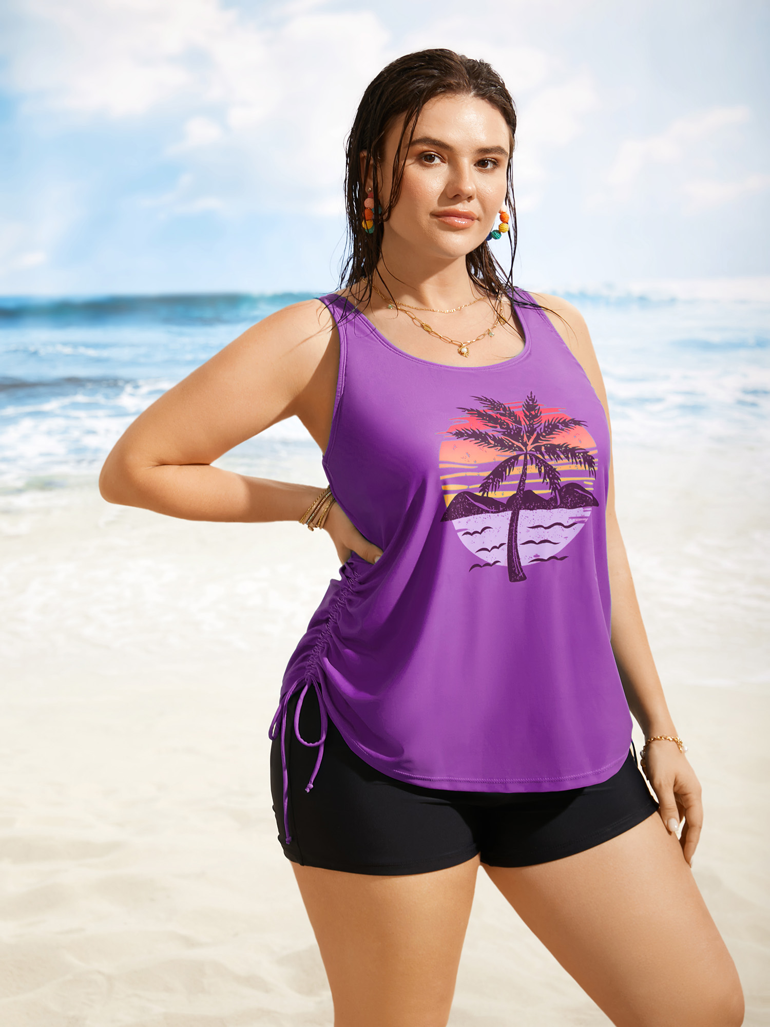 BloomChic Women's Plus Size Island Print Drawstring Adjustable Swim Top Lilac Tropical Sleeveless Ruched Bust Support 10/M