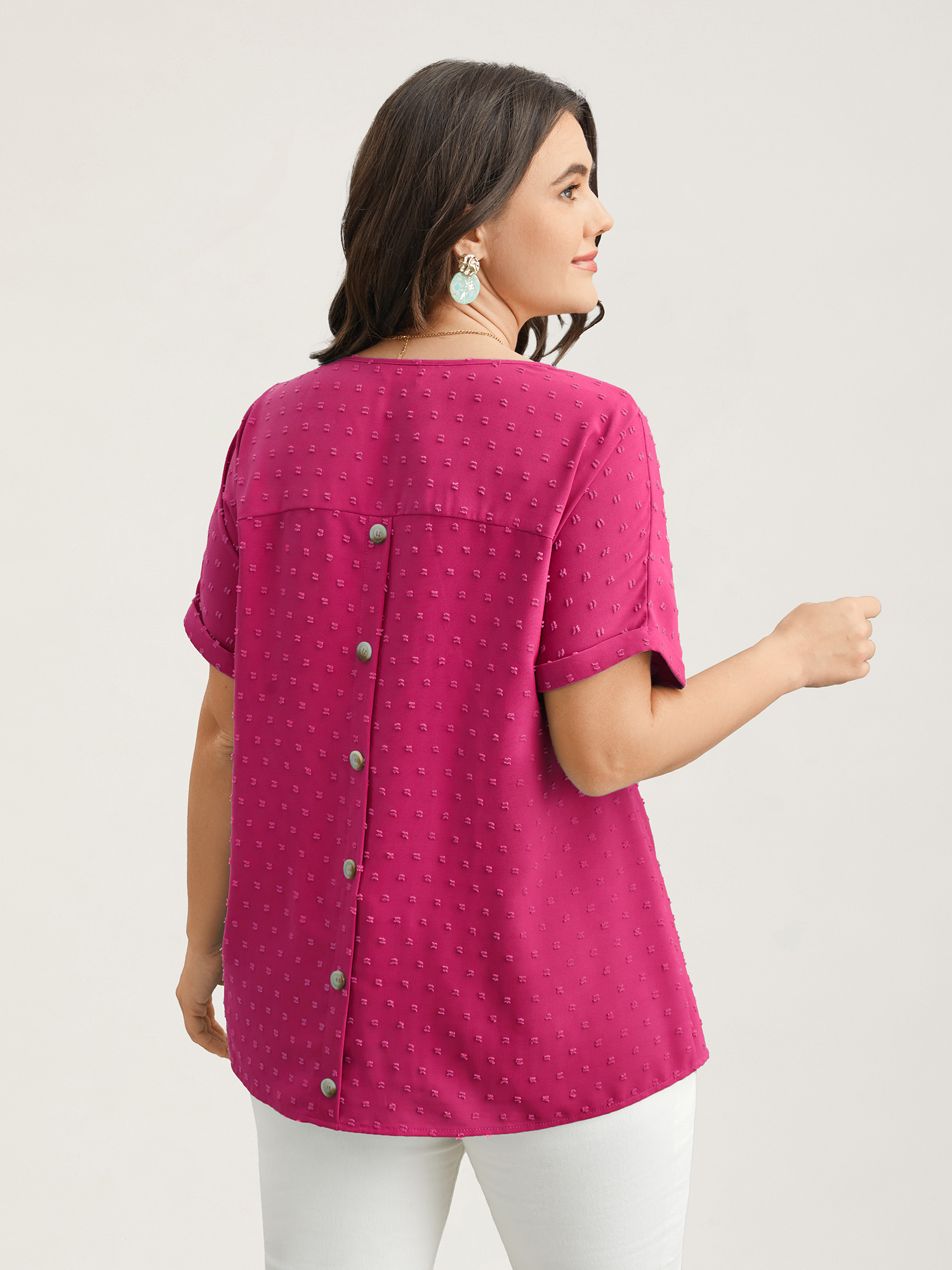 BloomChic Women's Plus Size Back-Button Textured V-Neck Shirt Cactus Flower Solid Everyday-Casual Short sleeve V-Neck 10/M