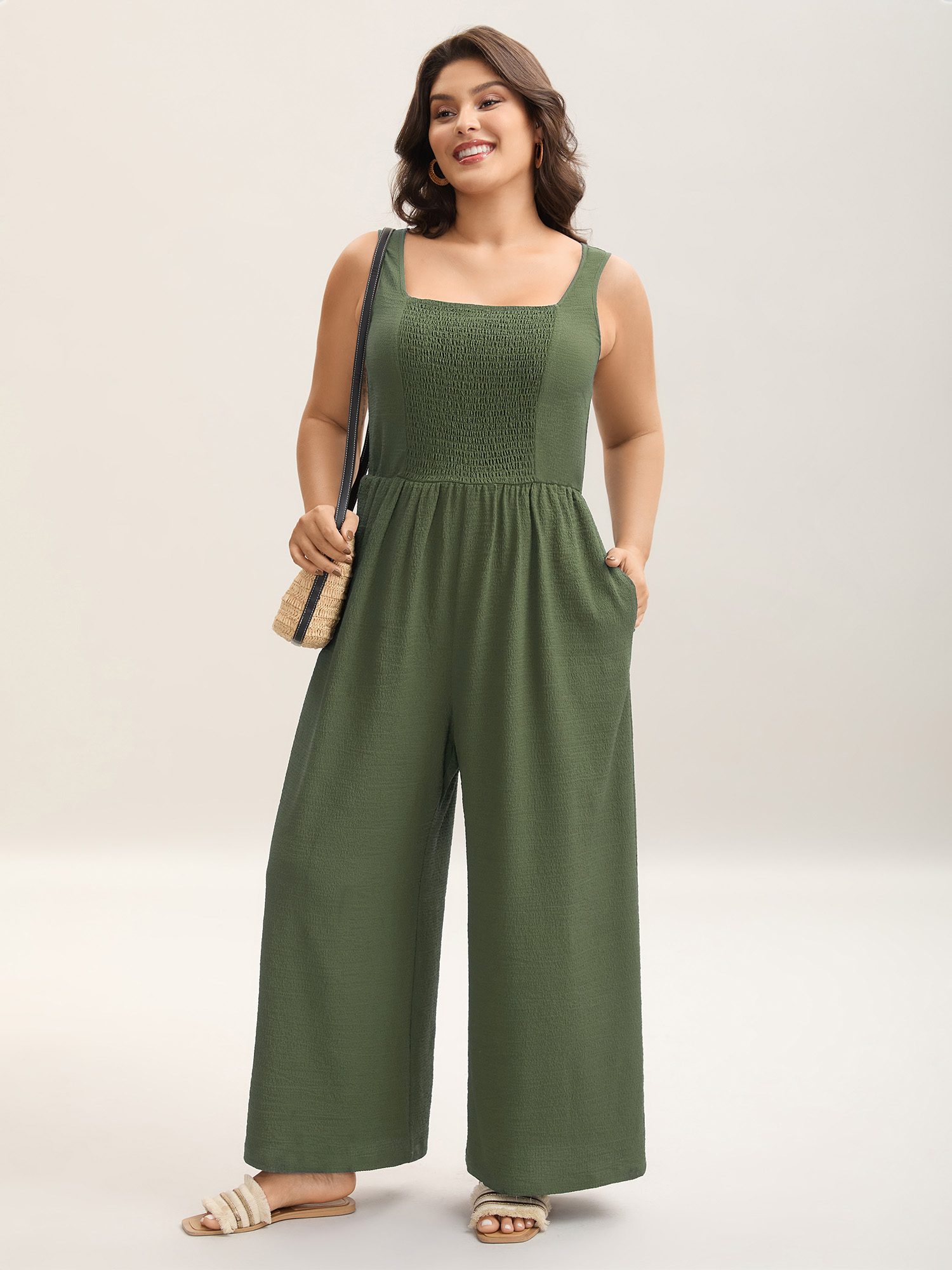 BloomChic Women's Plus Size Shirred Pockets Wide-Leg Plain Jumpsuit ArmyGreen Vacation 10/M-image-48317526966442