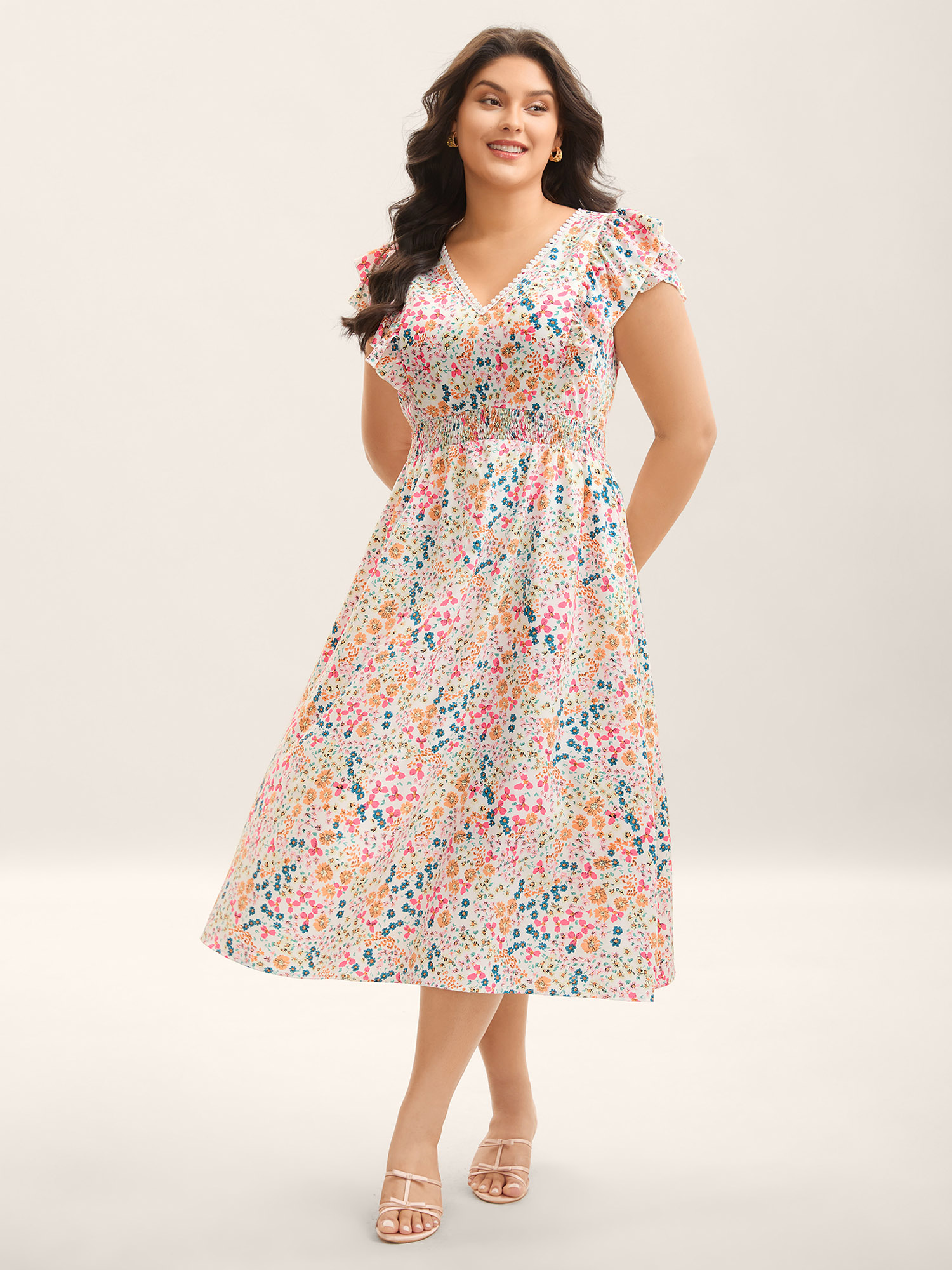 BloomChic Plus Size Sweet Floral Print Lace Neck Midi Dress - Curve Ladies Lightpink Elegant Short sleeve Ditsy Floral Side Pocket Daily Dresses 26-28/3X