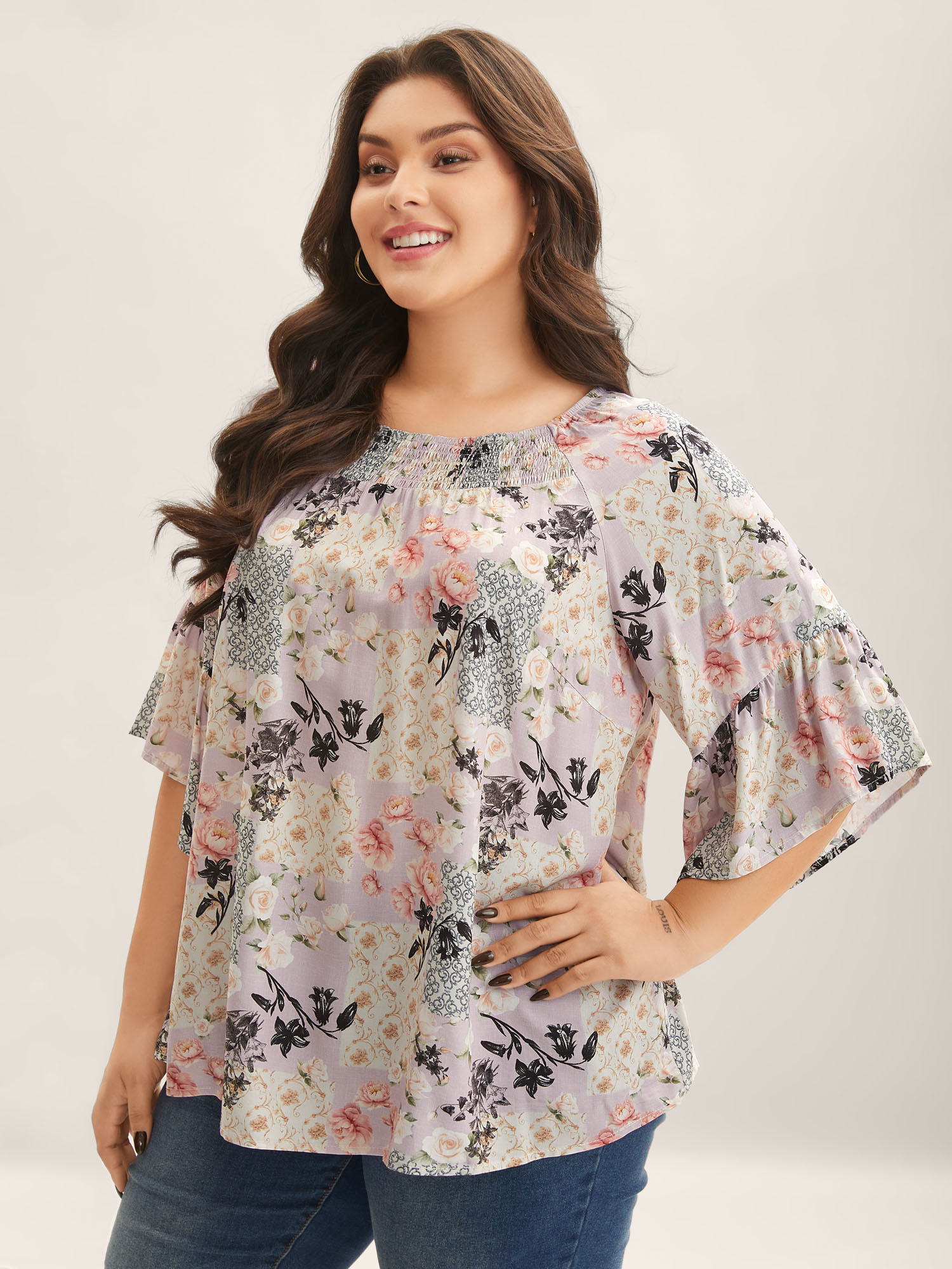 Bloomchic Women's Plus Size Floral Shirred Neck Flowy Blouse Multicolor Floral Elegant 3/4 Sleeve 12/l