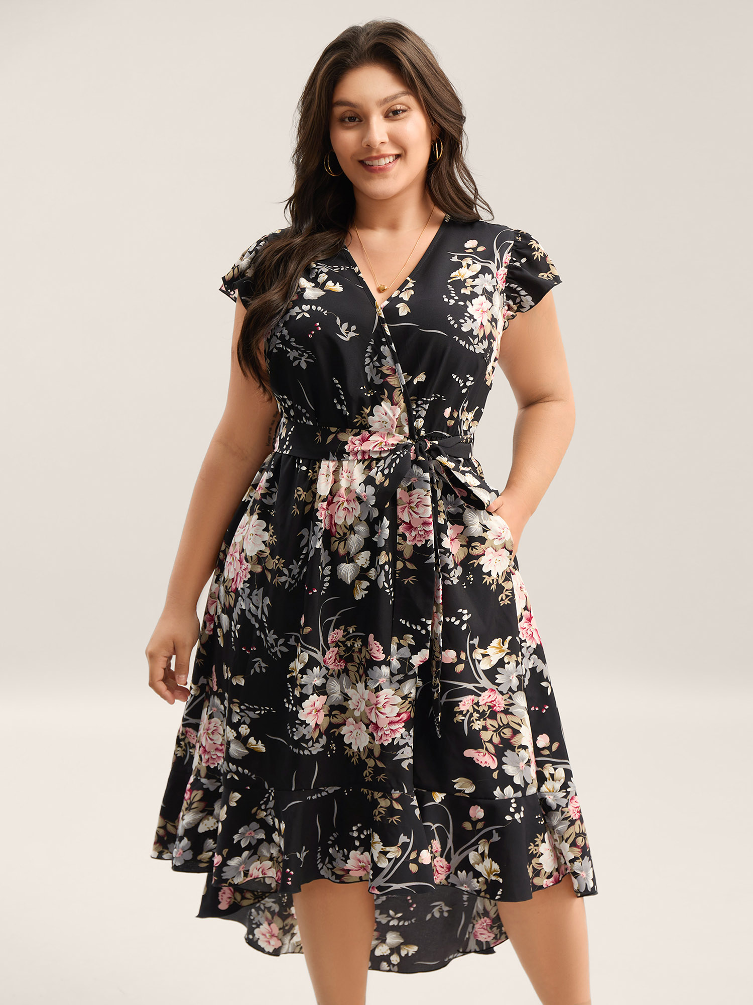 BloomChic Women's Plus Size Midnight Blooms Wrap A-Line Midi Dress Black Floral Tunic Everyday-Elegant Wrap / Overlap 10/M