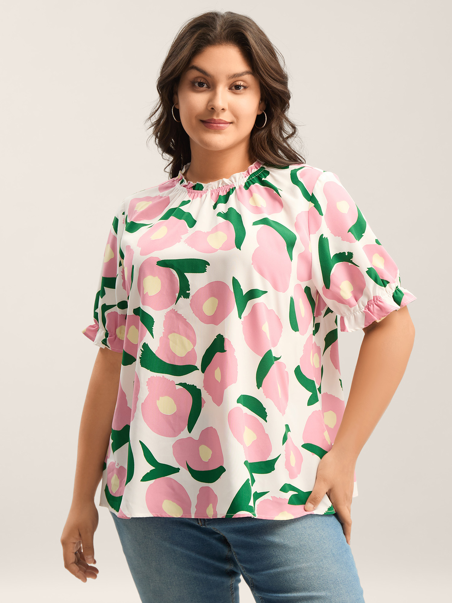 Bloomchic Women's Plus Size Floral Print Ruffled Neck Puffy Sleeve Blouse Originalwhite Floral Casual Short Sl