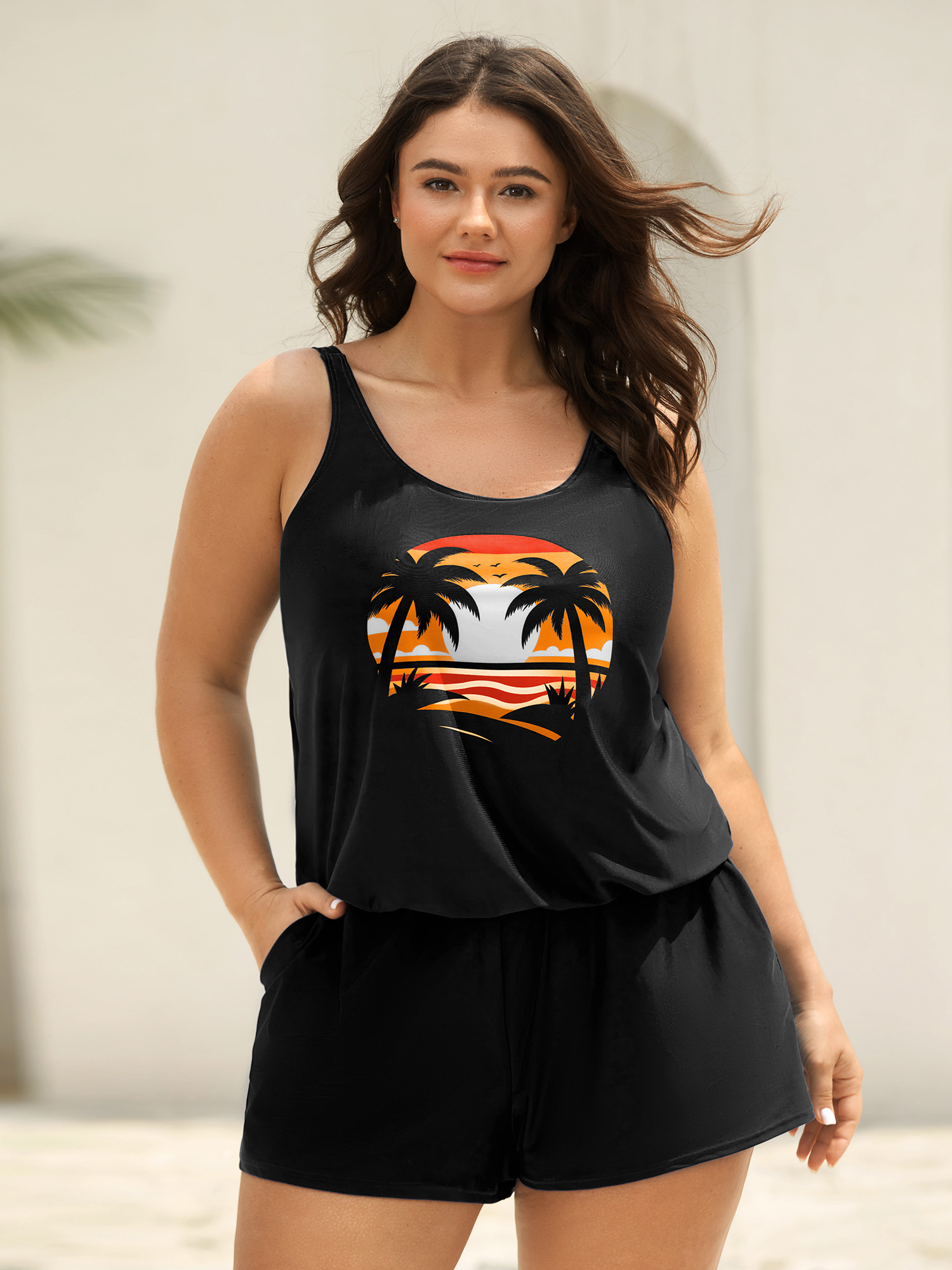 BloomChic Women's Plus Size Island Pattern Pockets One-Piece Swimsuit Black Tropical Non Adaptive-Fit 10/M