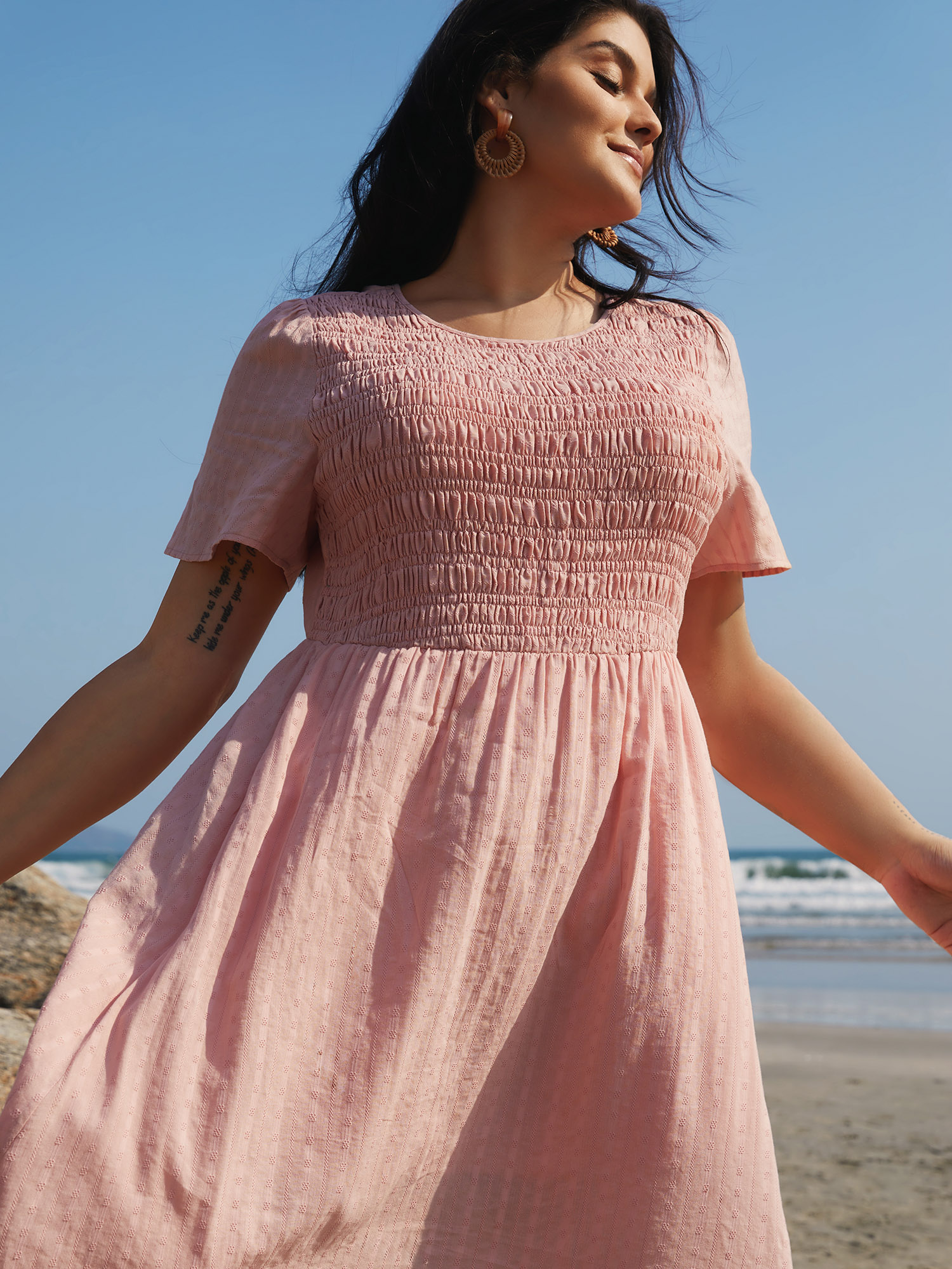 BloomChic Women's Plus Size Cotton Textured Shirred Bodice Pleated Midi Dress Veiled Pink Solid Maxi Vacation Smocked 10/M