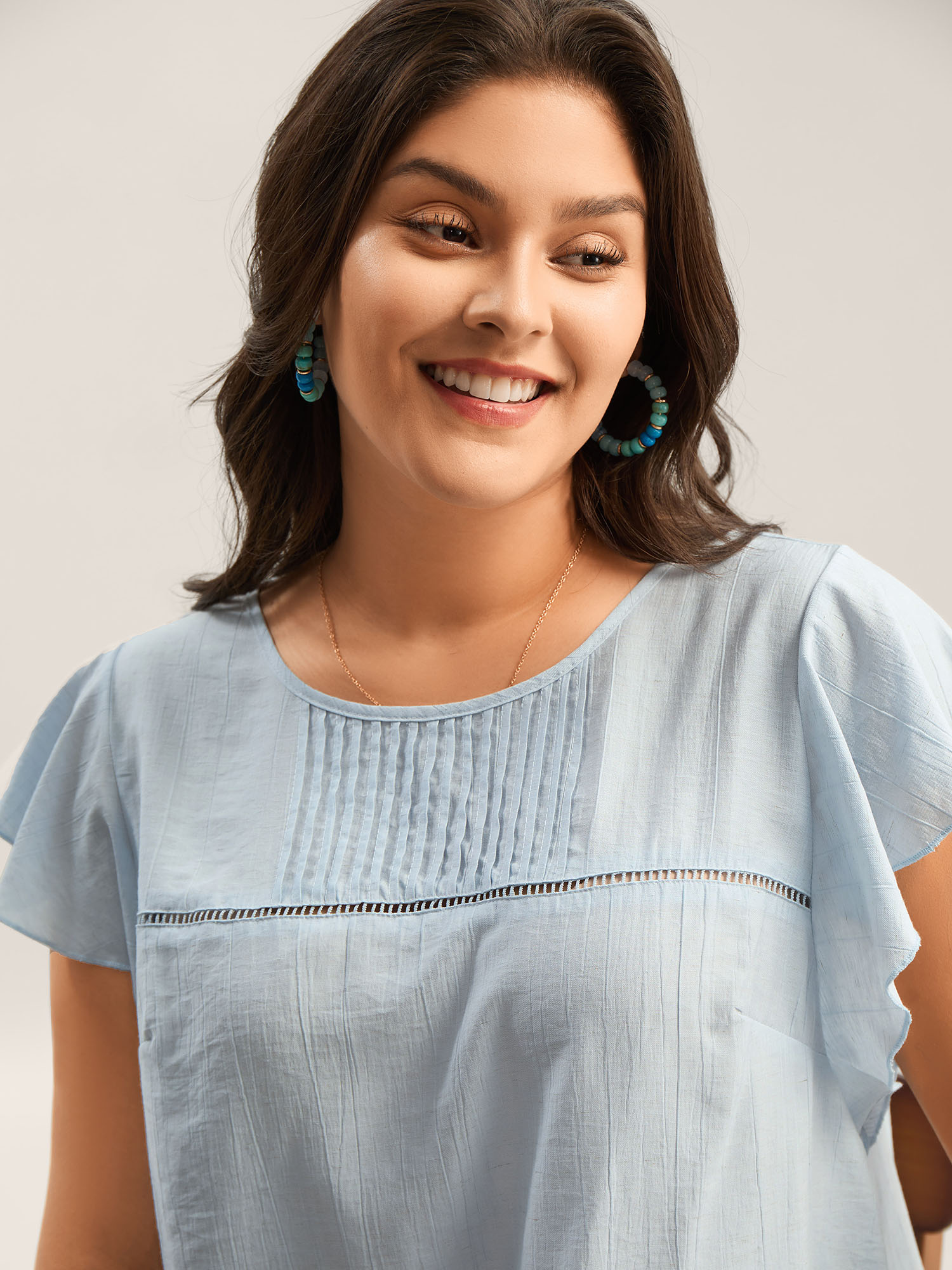 Bloomchic Women's Plus Size Supersoft Cotton Linen Blend Ruffled Blouse Lightblue Else Vacation Short Sleeve R In Blue
