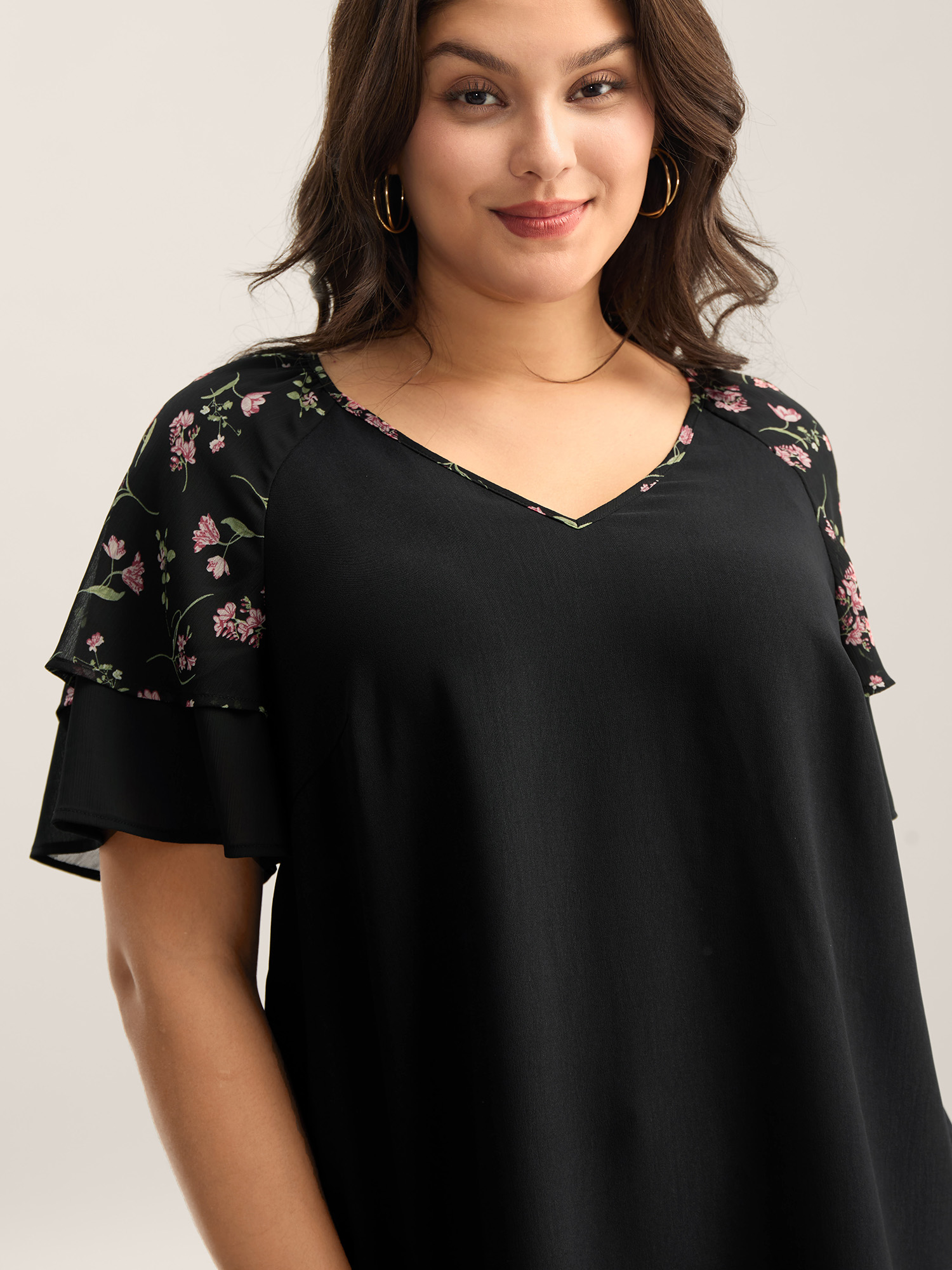 Bloomchic Women's Plus Size Floral Layered Sleeve Solid Blouse Black Ditsy Floral Casual Short Sleeve V-neck 1