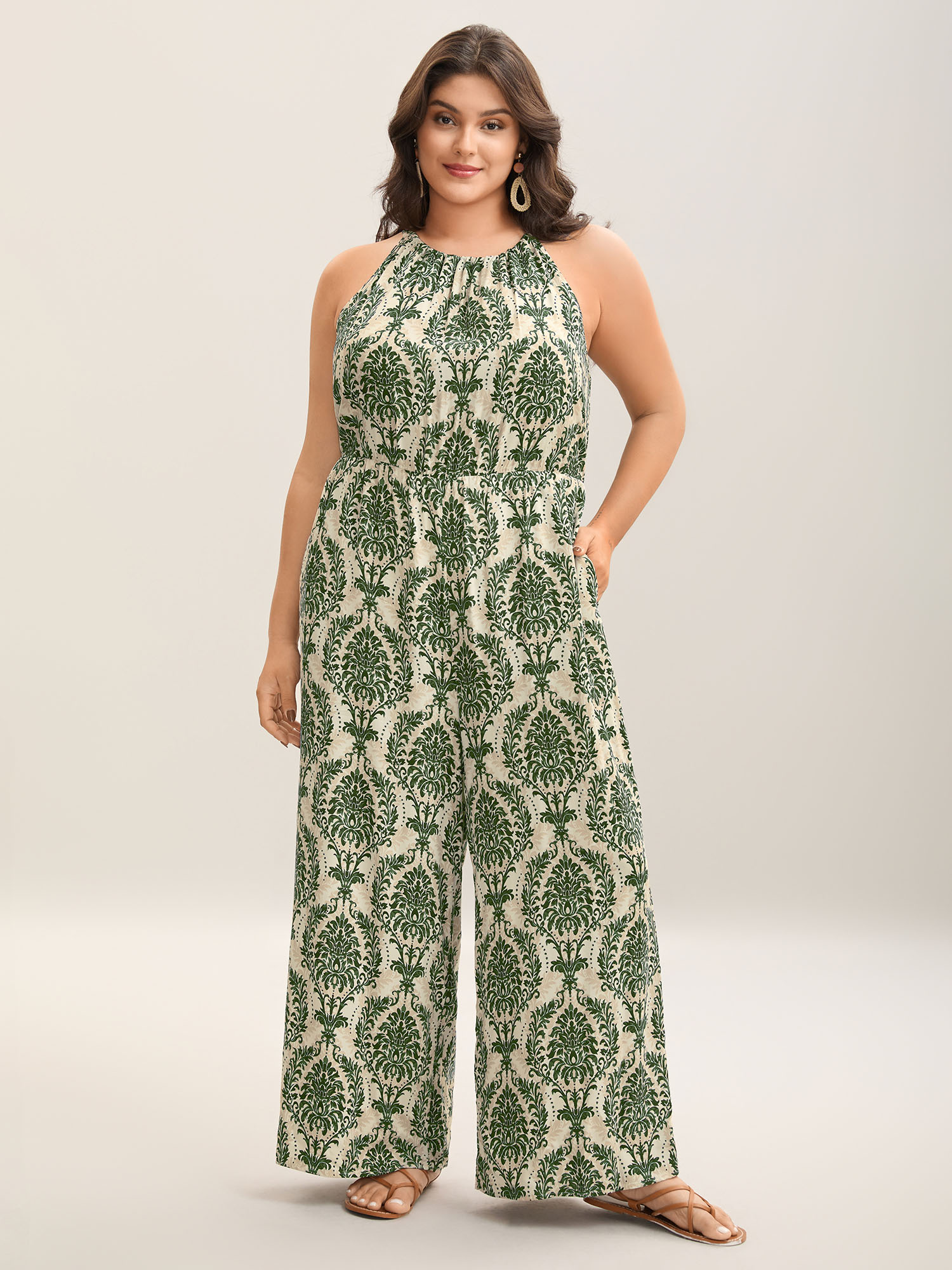 BloomChic Women's Plus Size Rayon Damask Print Stretchy Waist Jumpsuit Greenbean Vacation 22-24/3X