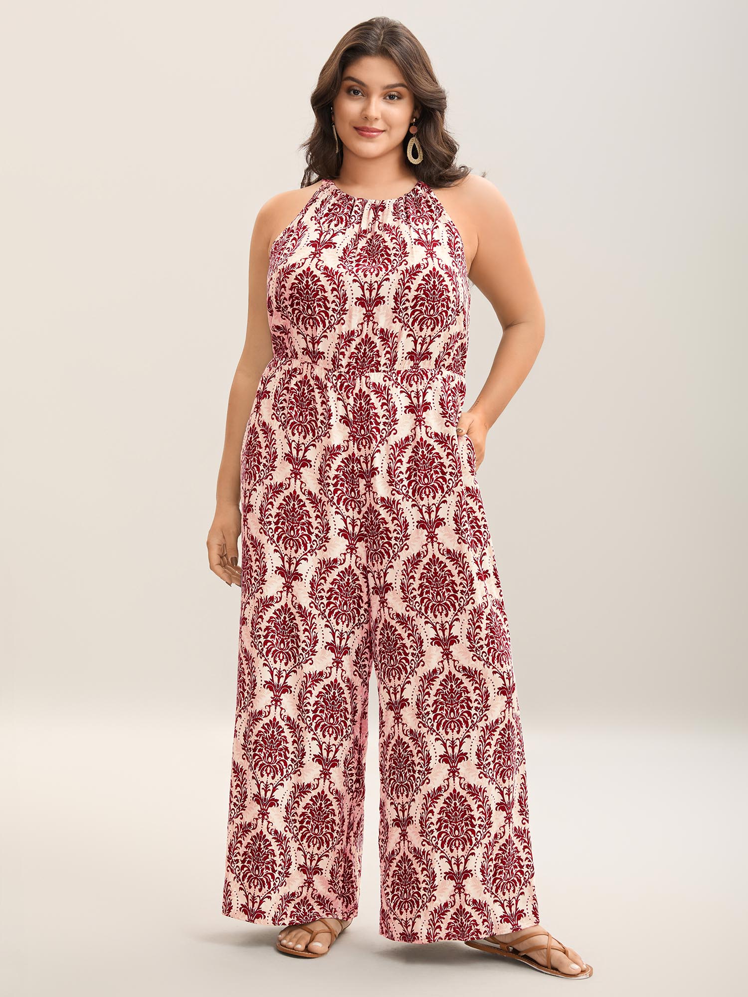 BloomChic Women's Plus Size Rayon Damask Print Stretchy Waist Jumpsuit Rust Vacation 10/M