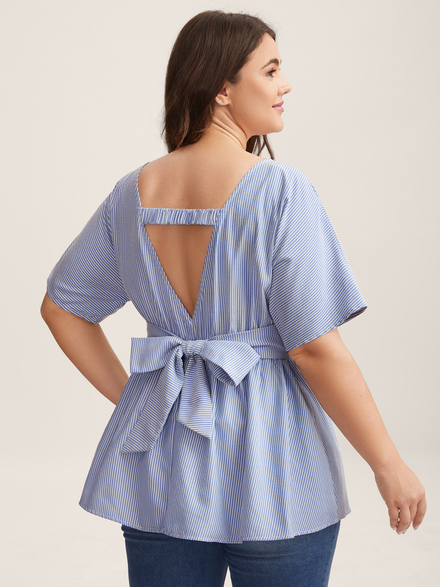 Bloomchic Women's Plus Size Backless Bow Tie Stripe Print Cinched Blouse Lightblue Stripes Casual Short Sleeve In Blue