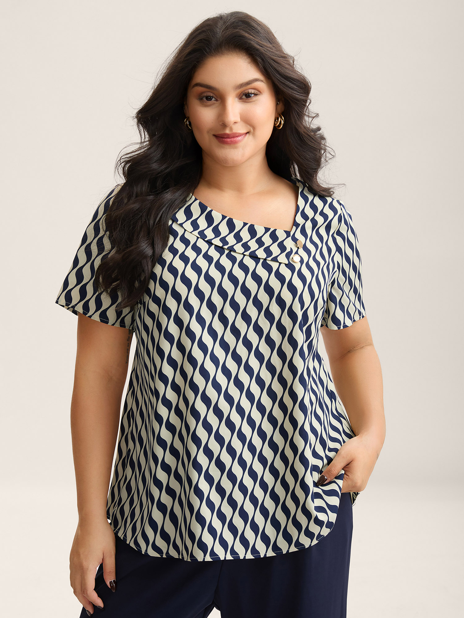 Bloomchic Women's Plus Size Wavy Print Asymmetrical Neckline Blouse Indigo Geometric Office Short Sleeve Asymm In Purple