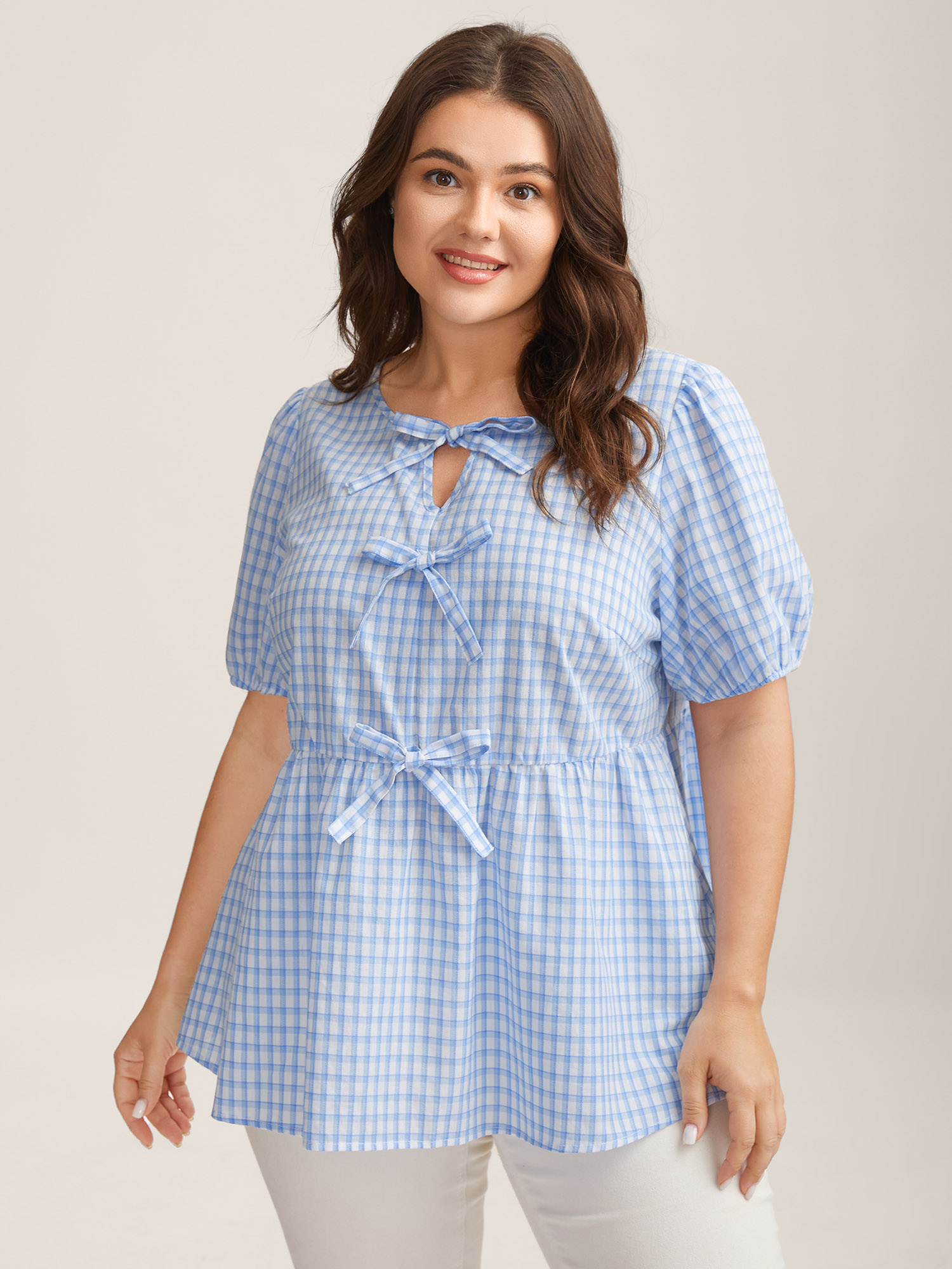 Bloomchic Women's Plus Size Bow Front Plaid Print Babydoll Top Lightblue Plaid Casual Short Sleeve 10/m In Blue