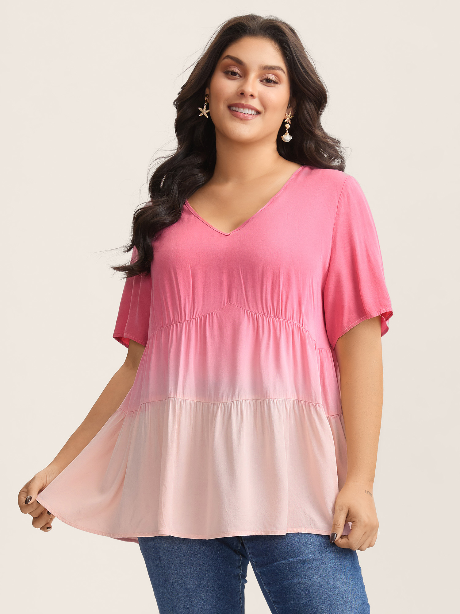 BloomChic Women's Plus Size Rayon Tie-Dye V-Neck Tiered Blouse Peach Casual Short sleeve 12/L