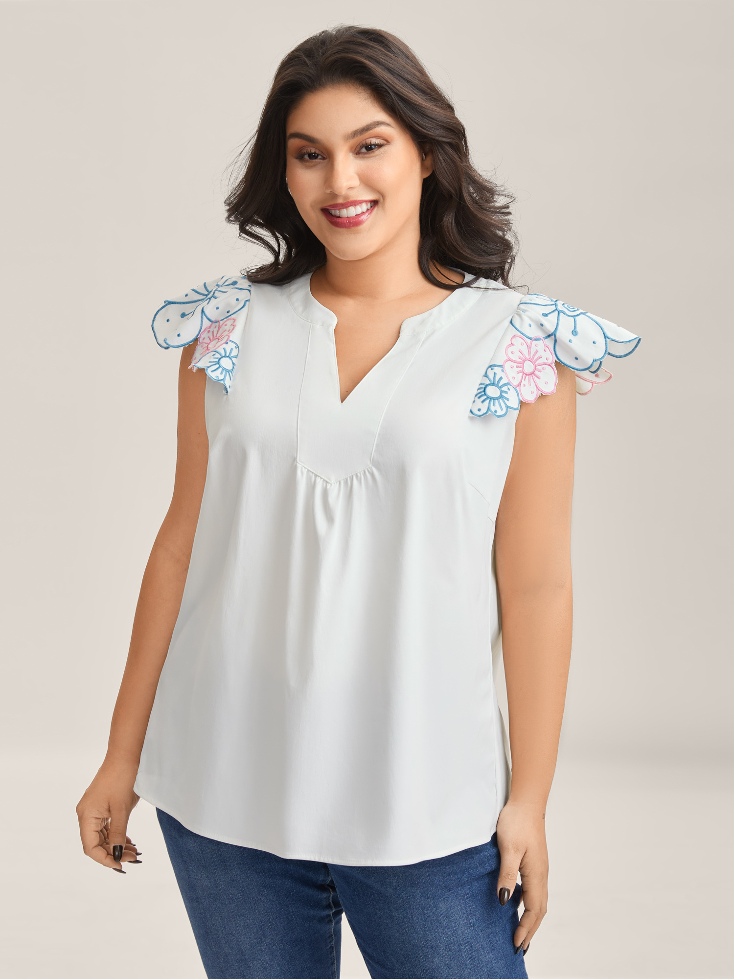 Bloomchic Women's Plus Size Floral Lotus Leaf Sleeve Split Neck Blouse Originalwhite Non Casual Cap Sleeve 12/