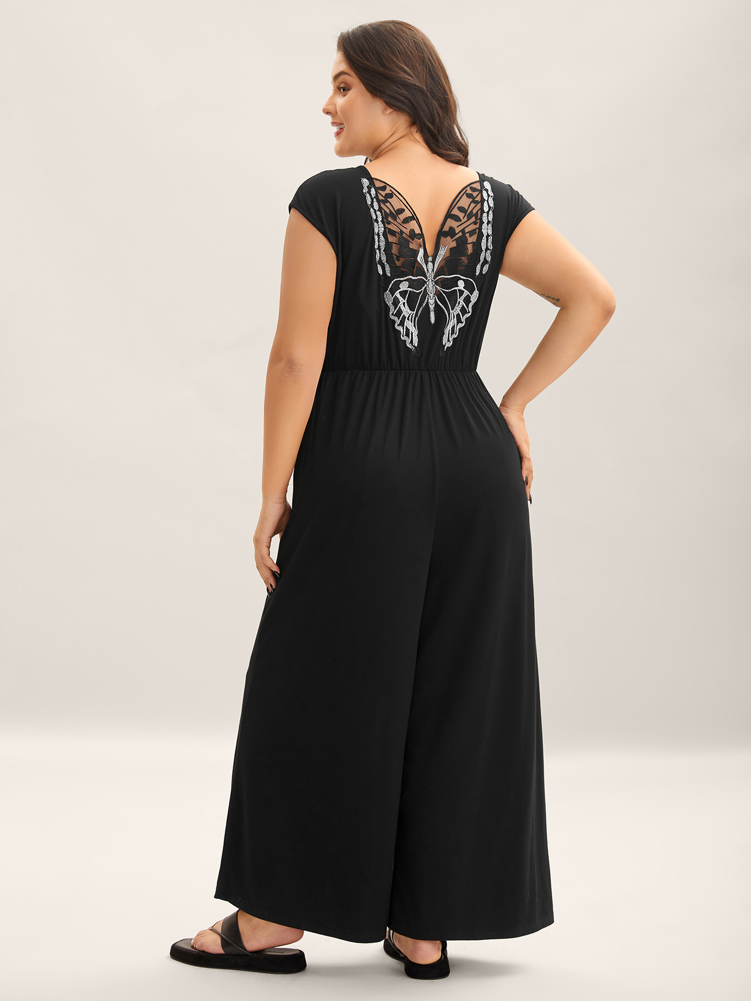 BloomChic Plus Size Supersoft Butterfly Backless Stretchy Wide-Leg Jumpsuit - Curve Women's Black Playsuit - Thigh-Friendly Side Pocket Wide leg Jumpsuits 32/5X