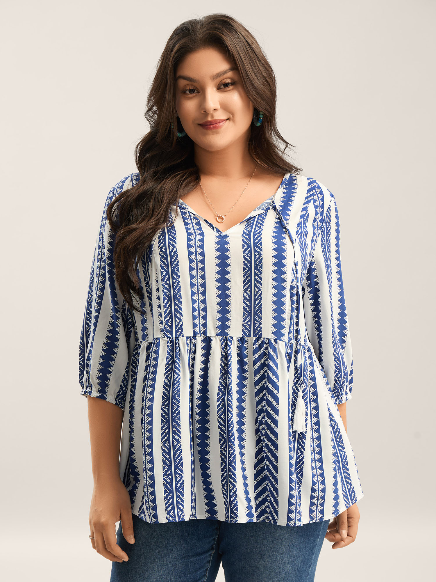 Bloomchic Women's Plus Size Nautical Stripes Rayon Tassels Blouse Darkblue Stripes Vacation 3/4 Sleeve 22-24/3 In Blue