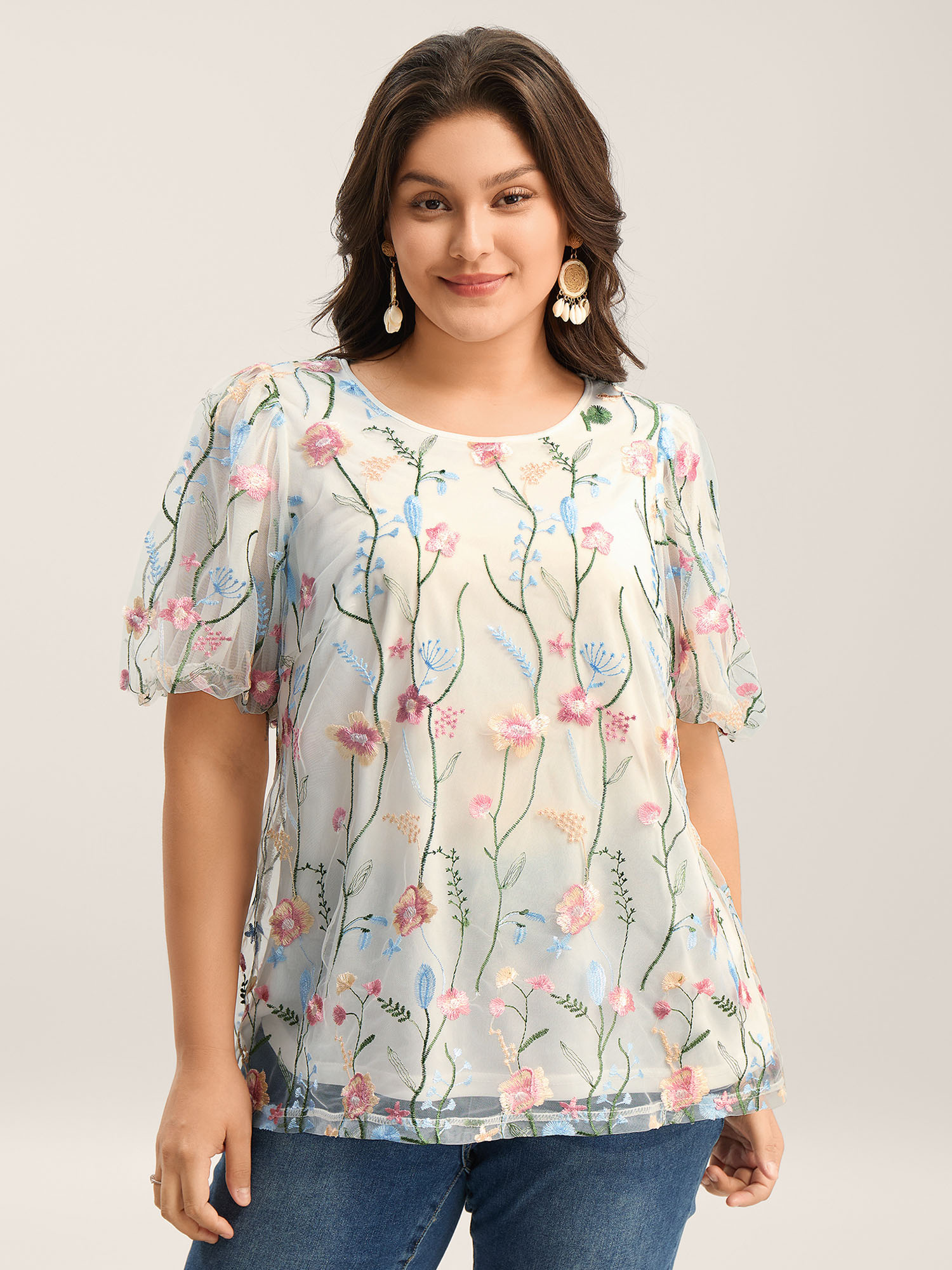 Bloomchic Women's Plus Size Floral Embroidered Mesh Bubble Sleeve Blouse Originalwhite Solid Vacation Short Sl