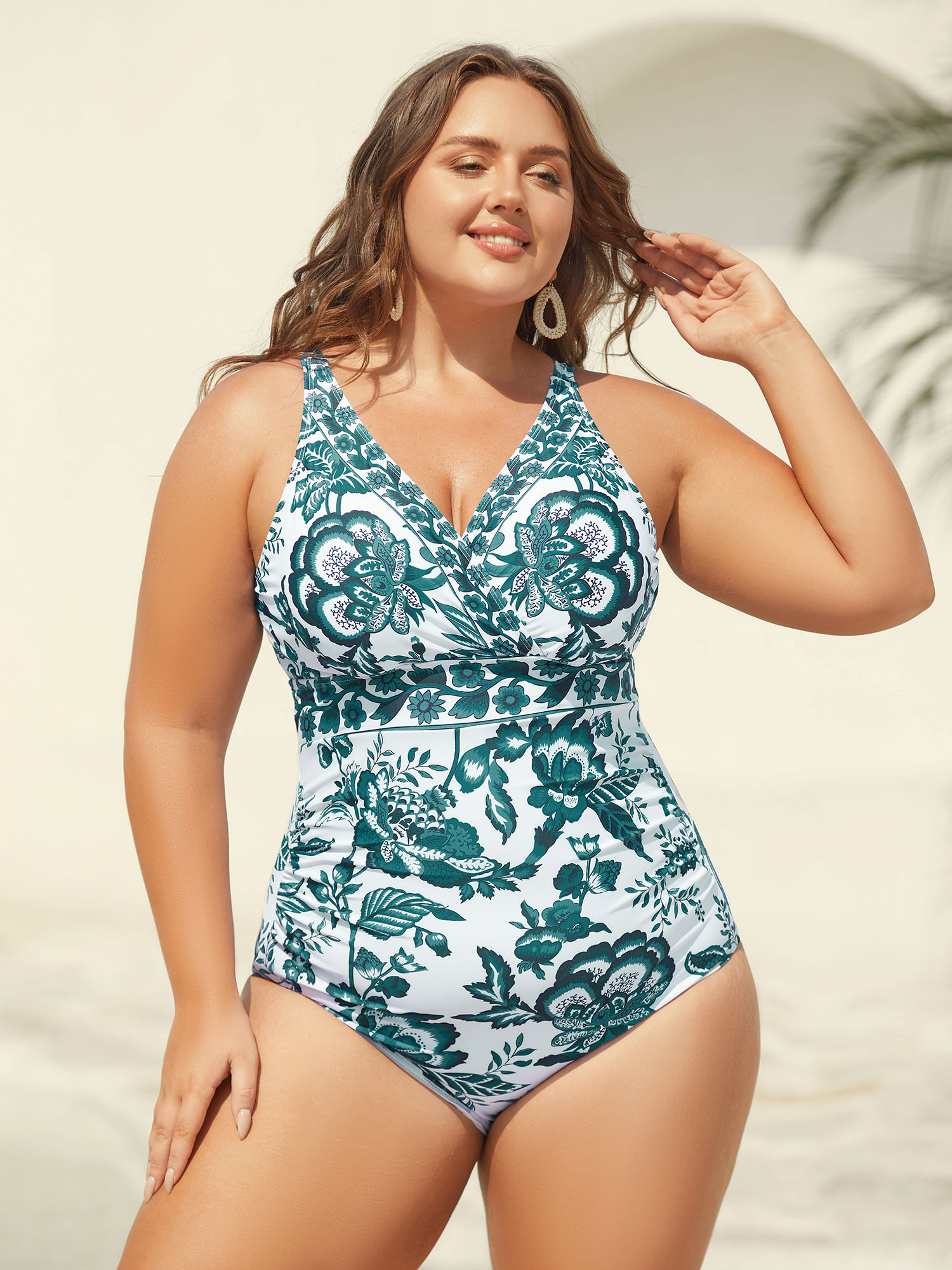 BloomChic Women's Plus Size Two-Piece Floral Print Ruched Mesh Swimsuit, Sarong Cyan Botanical Ruched Tummy Control 10/M