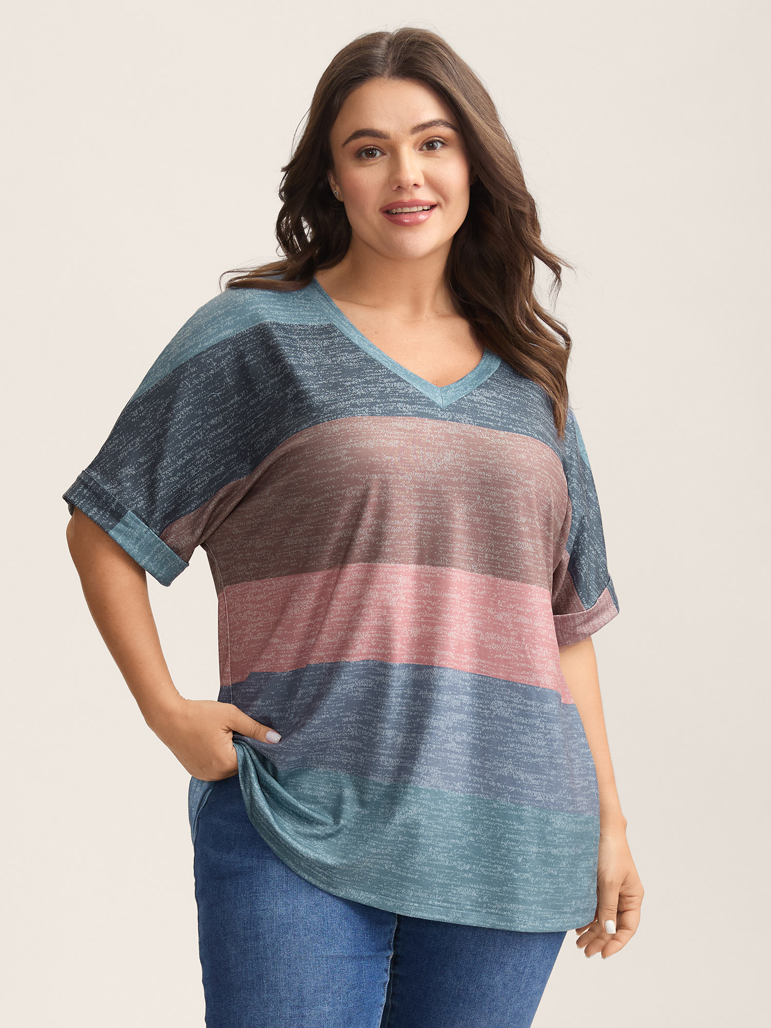 Bloomchic Women's Plus Size Multi-color Summer Stripes T-shirt Stone Stripes Casual Short Sleeve Sweetheart Ne In Gray