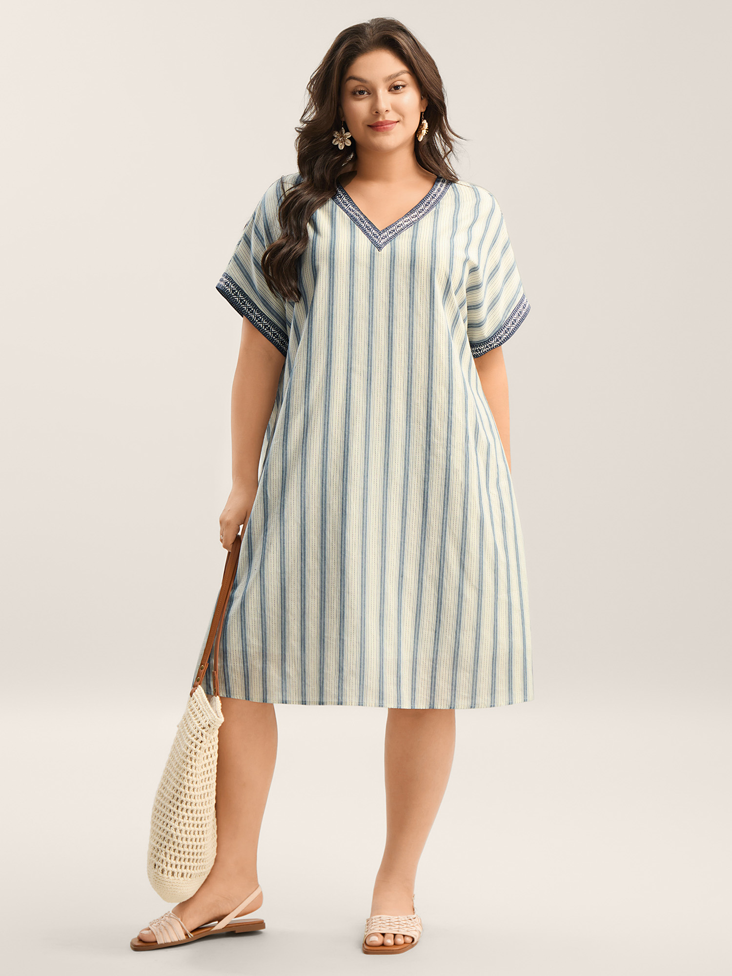 BloomChic Women's Plus Size Pure Cotton Stripe Print Pockets Mini Dress Ivory Stripes Midi Vacation Colorblock 10/M