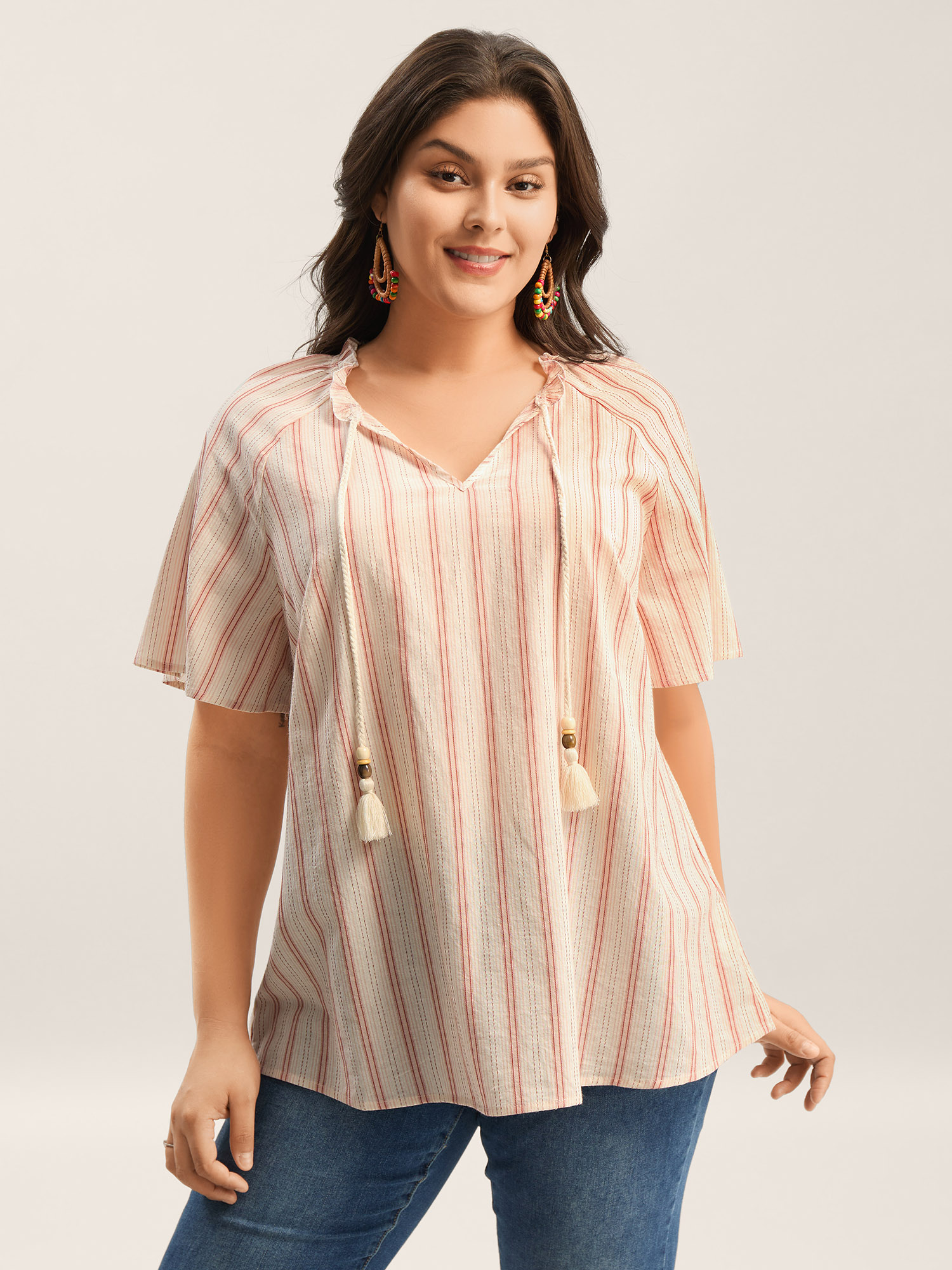 Bloomchic Women's Plus Size Cotton Stripes Print Neck Tassels Flowy Blouse Salmon Stripes Vacation Short Sleev In Pink