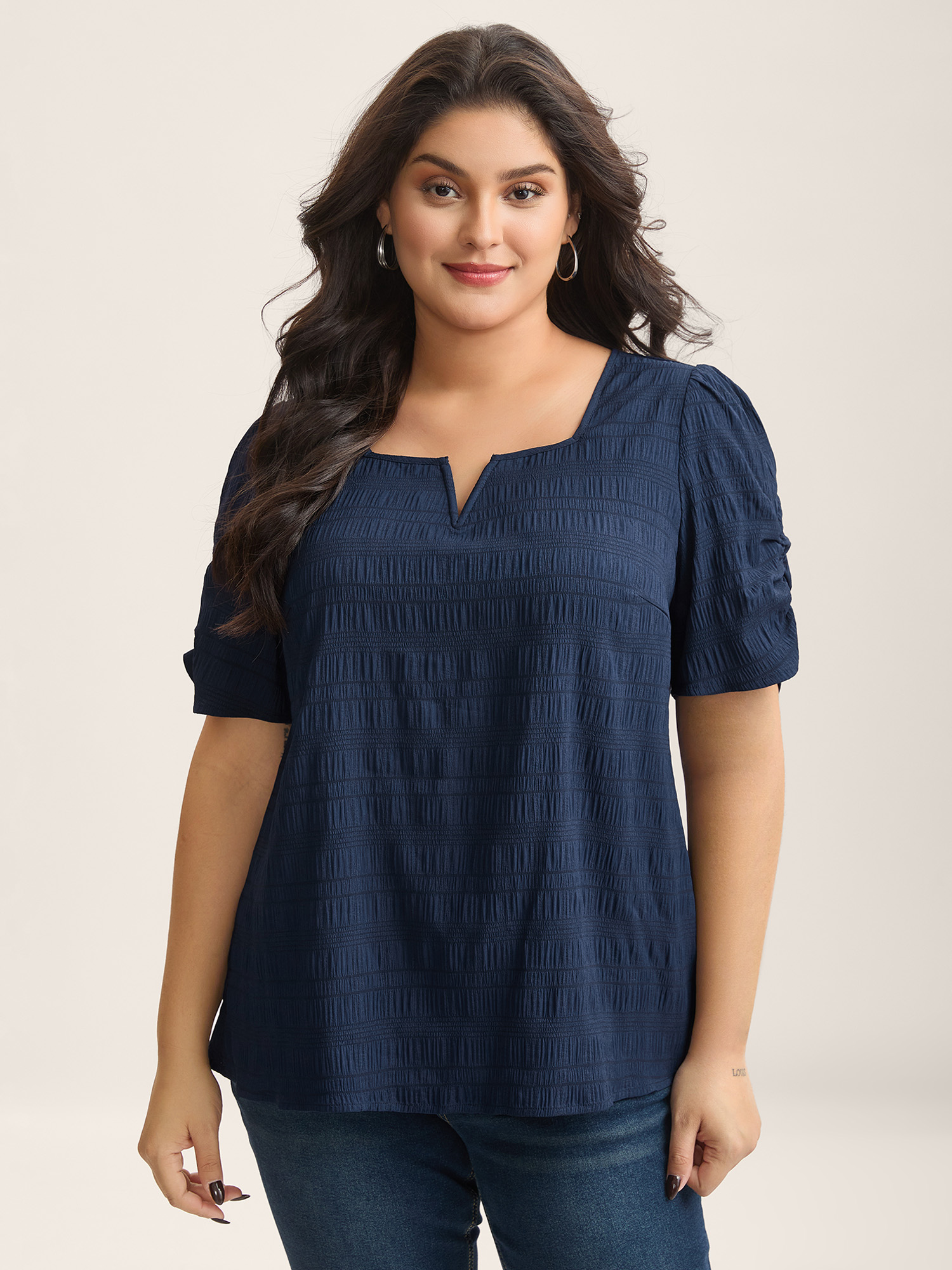 Bloomchic Women's Plus Size Textured Gathered Sleeve Split Neck Blouse Indigo Solid Office Short Sleeve V-notc In Purple