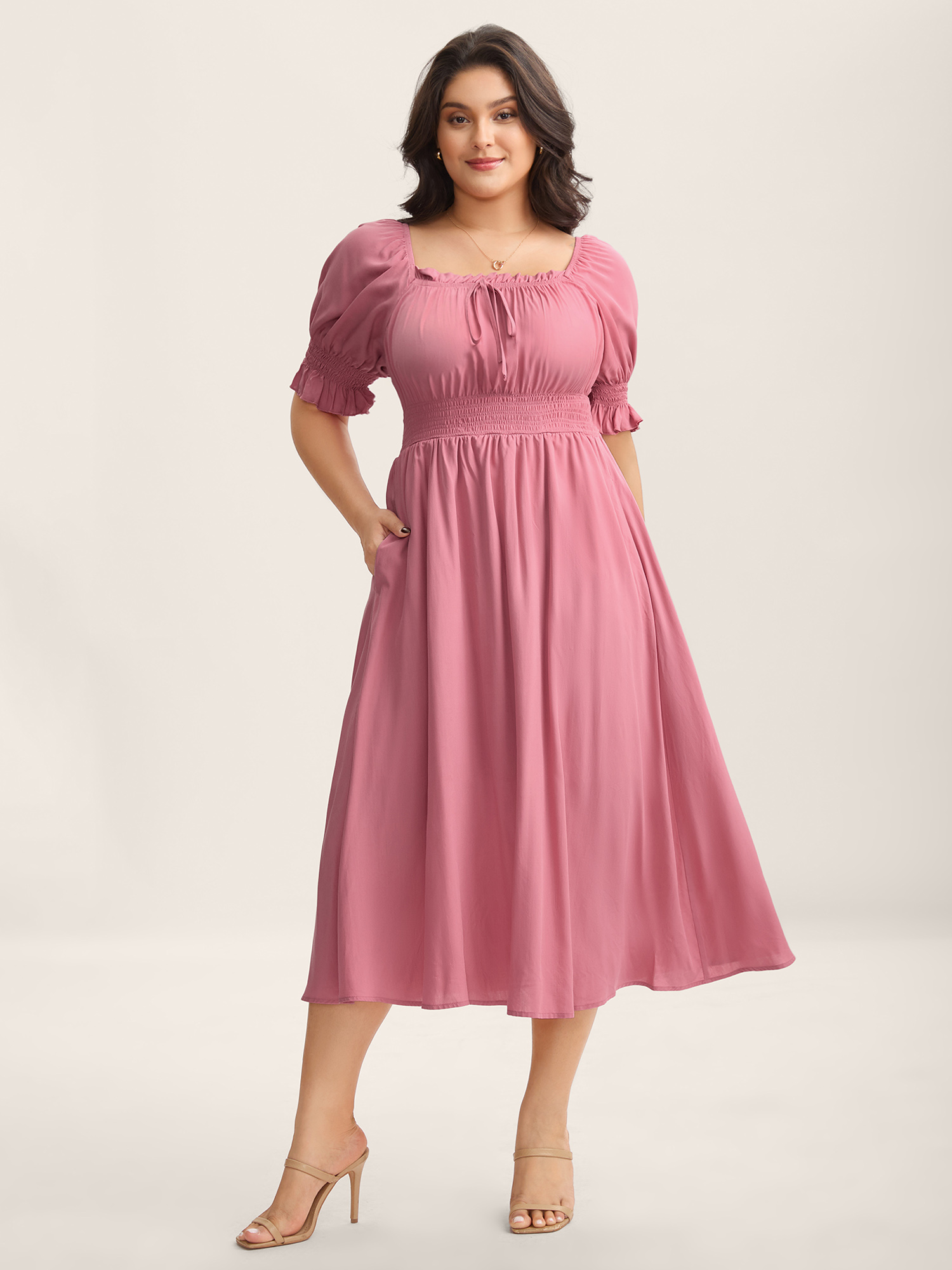 BloomChic Women's Plus Size Rayon Stretchy Waist Pockets Milkmaid Dress Watermelon Solid Midi Everyday-Elegant Bowknot 10/M