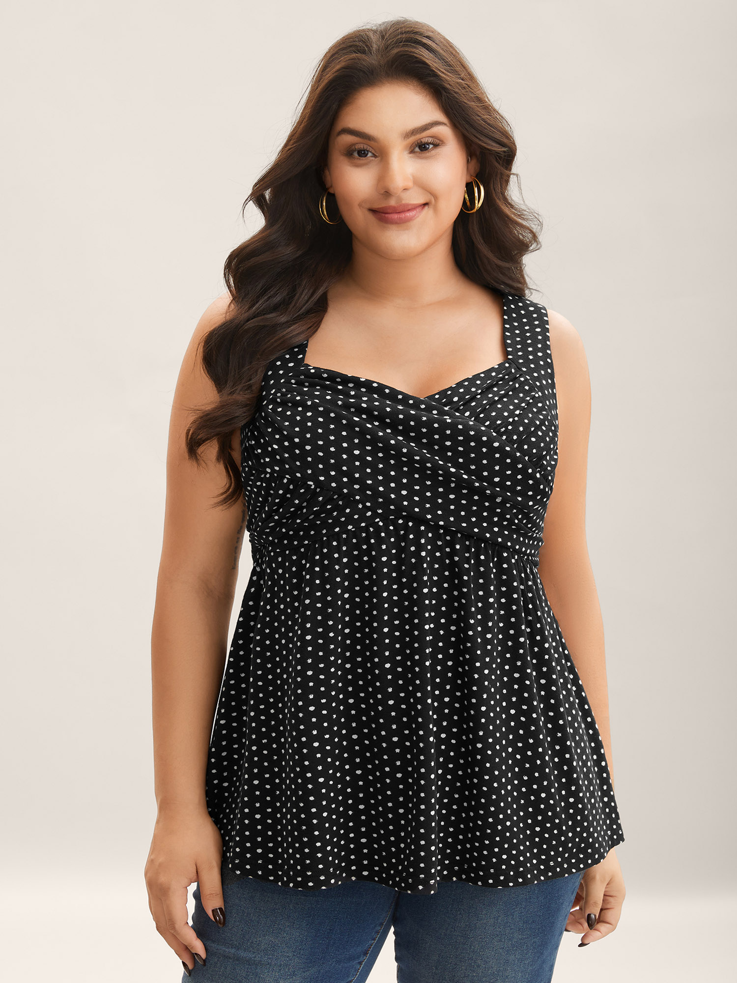 BloomChic Women's Plus Size Stretchy Polka Dots Shirred Tank Top Black Everyday-Elegant X-line 30/6X