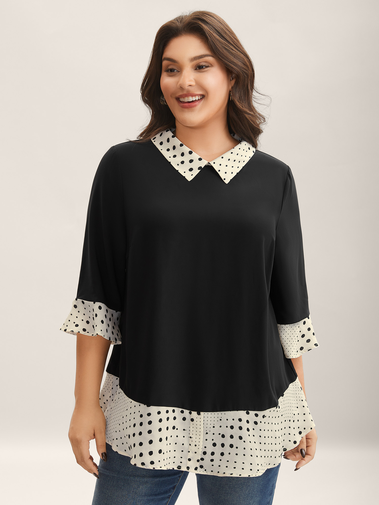 Bloomchic Women's Plus Size Sheer Color Contrast Spliced Collar Blouse Black Polka Dots Office 3/4 Sleeve 14-1