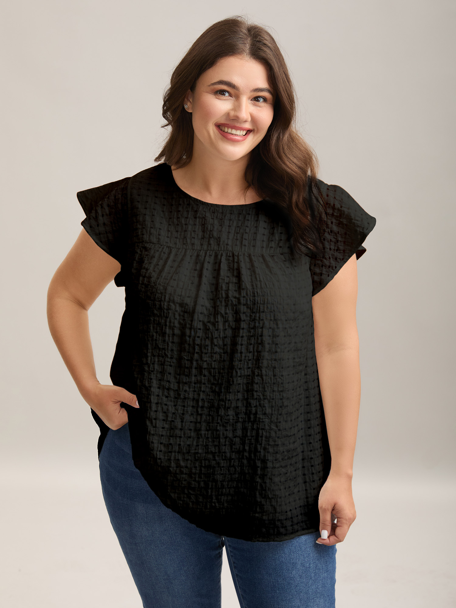 BloomChic Women's Plus Size Textured Sheer Lined Flutter Sleeve Blouse Black Solid Everyday-Casual Short sleeve Round Neck 10/M