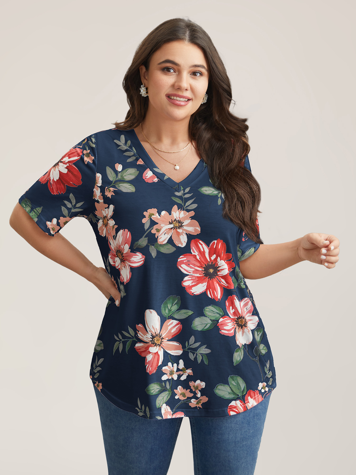 Bloomchic Multi-color Floral Print V-neck T-shirt In Indigo