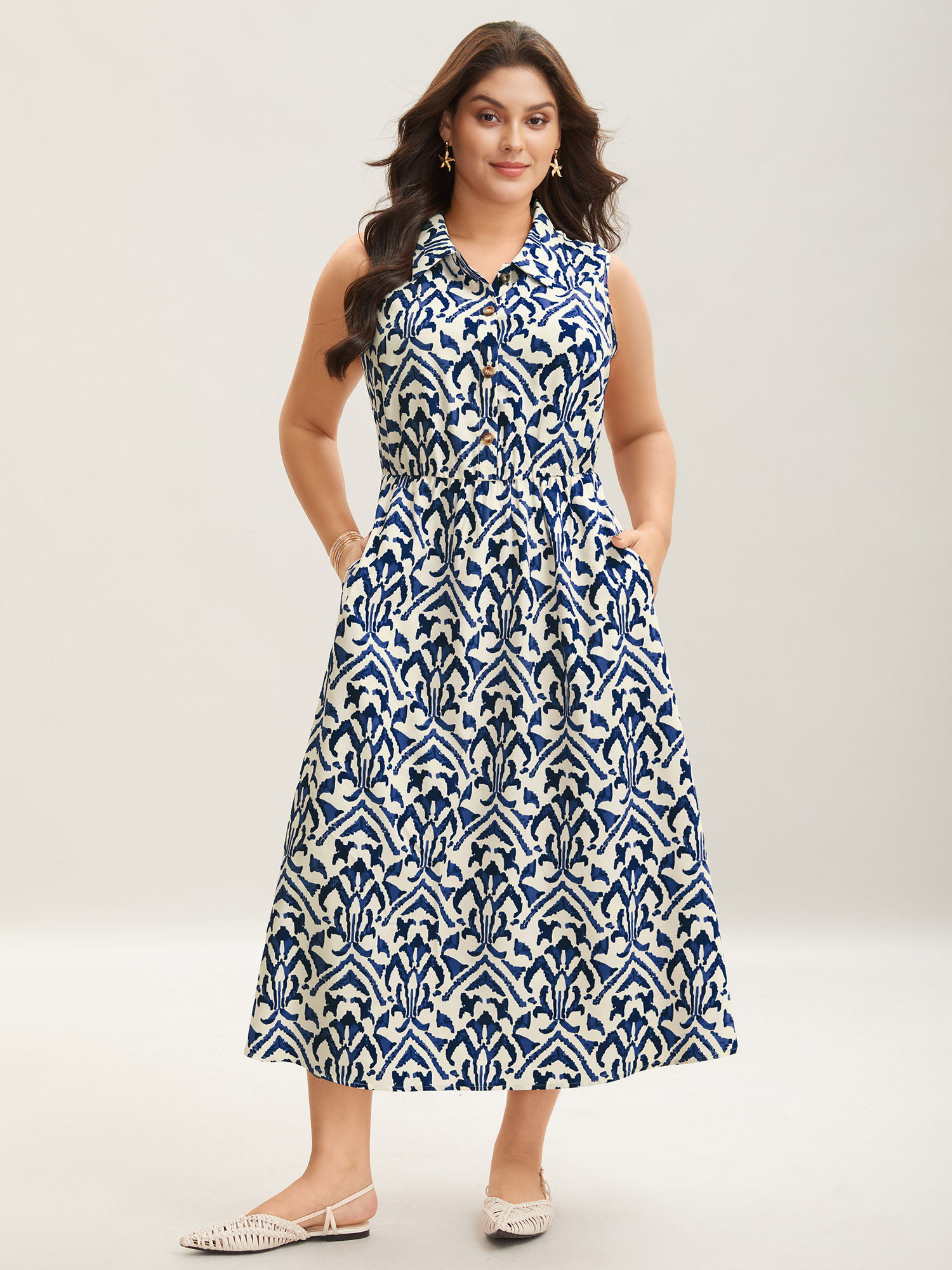 BloomChic Plus Size Spring Abstract Print Shirt Collar Midi Dress - Curve Ladies Navy Boho Sleeveless Ethnic Floral Side Pocket Daily Dresses 34/6X