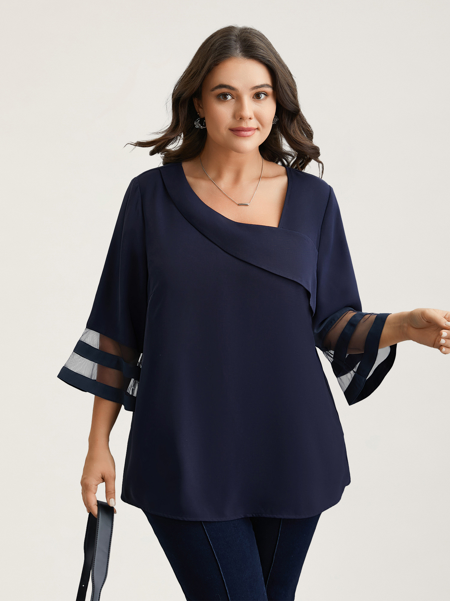 BloomChic Women's Plus Size Sheer Sleeve Patchwork Asymmetrical Neckline Blouse Baritone Blue Solid Office 3/4 Sleeve Asymmetrical Neckline 10/M