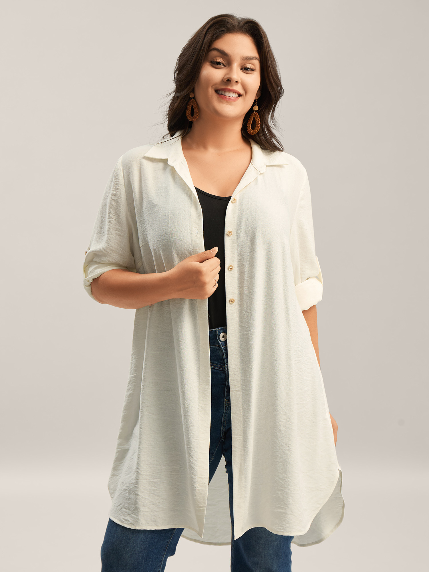 Bloomchic Women's Plus Size Front-open Long Basic Blouse Ivory Non Vacation Long Sleeve 10/m In White