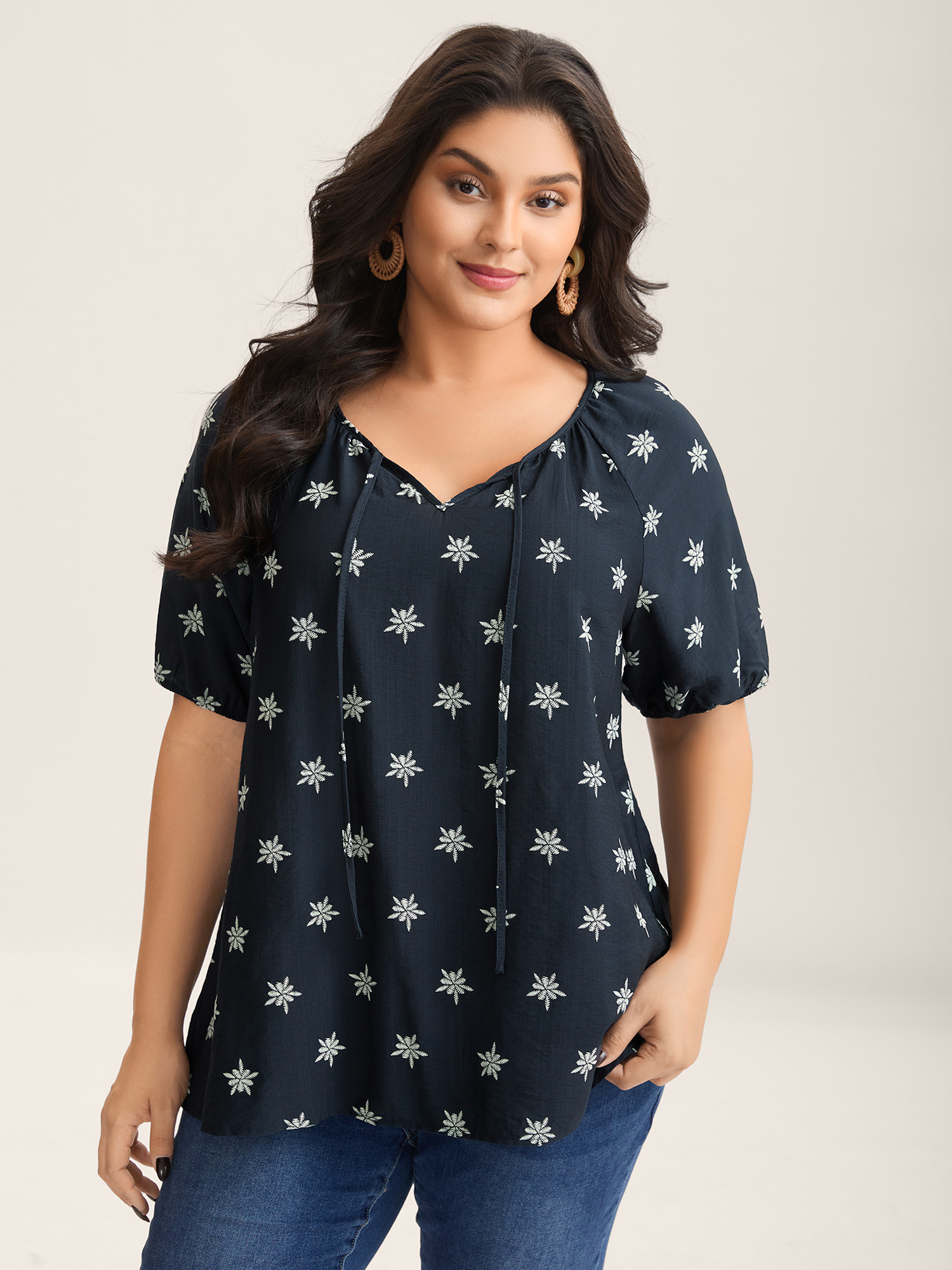 Bloomchic Women's Plus Size Boho Print Keyhole Pleated Blouse Indigo Else Vacation Short Sleeve Sweetheart Nec In Purple