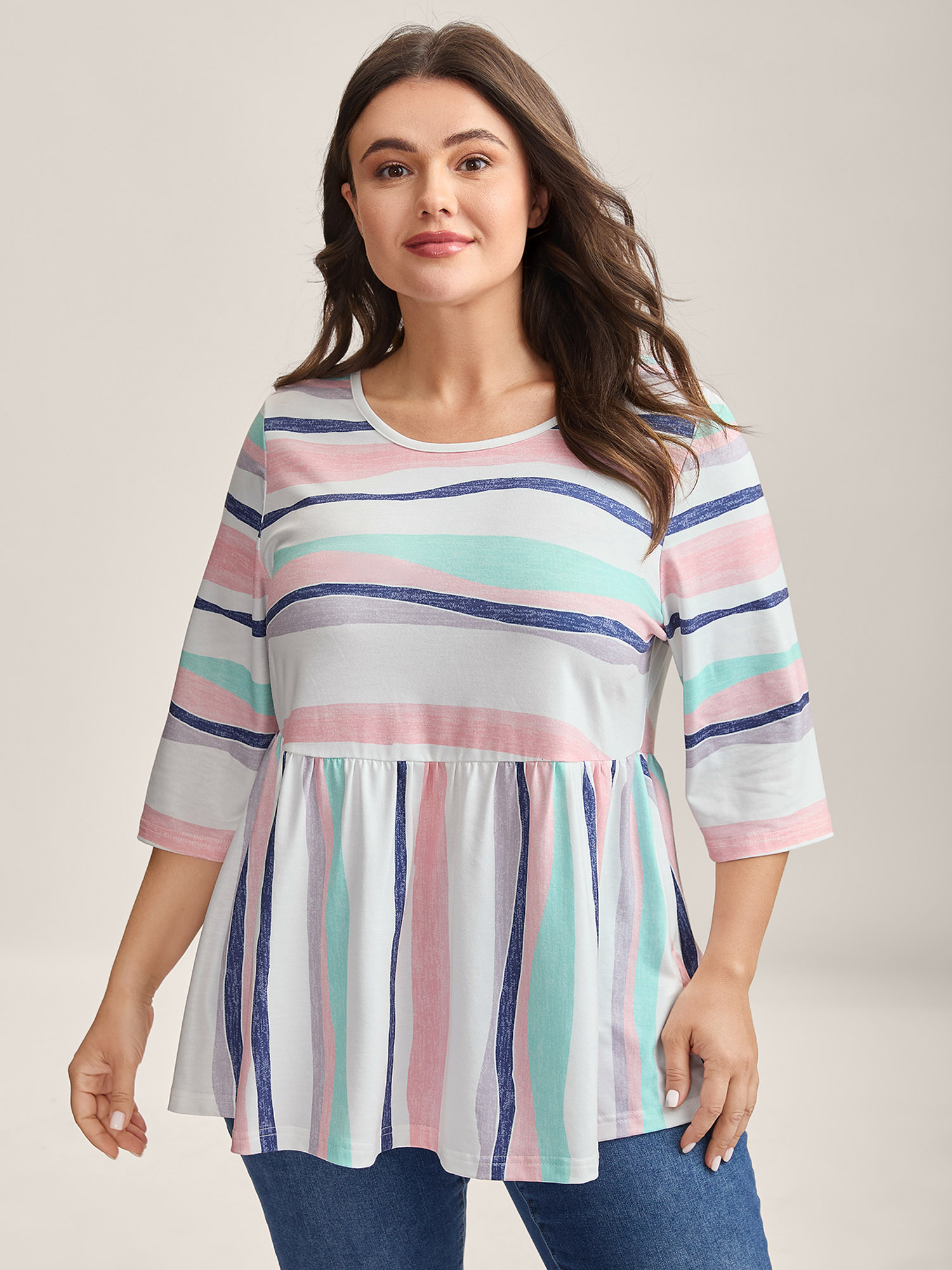 BloomChic Women's Plus Size Color Contrast Seven-Quarter Sleeve T-Shirt Multicolor Non Everyday-Casual 3/4 Sleeve 12/L