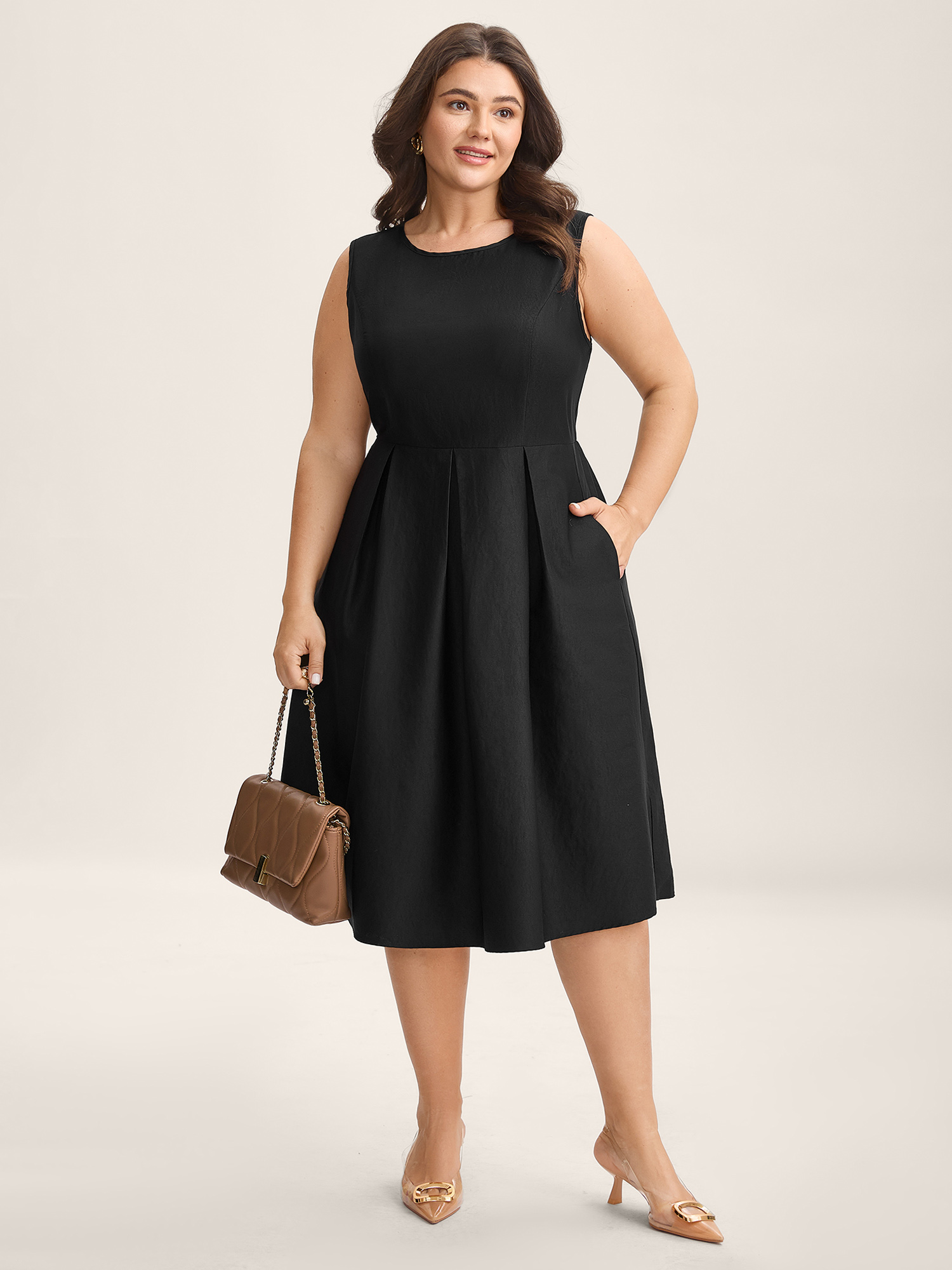 BloomChic Plus Size Classic Woven Inner Pleated Midi Dress - Curve Ladies Black Office Sleeveless Solid Side Pocket Daily Dresses 14/M