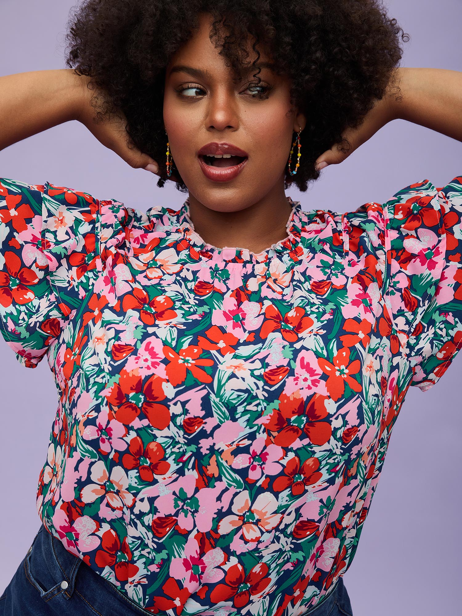 Bloomchic Women's Plus Size Groovy Floral Print Ruffled Layered Sleeve Blouse Multicolor Ditsy Floral Casual S