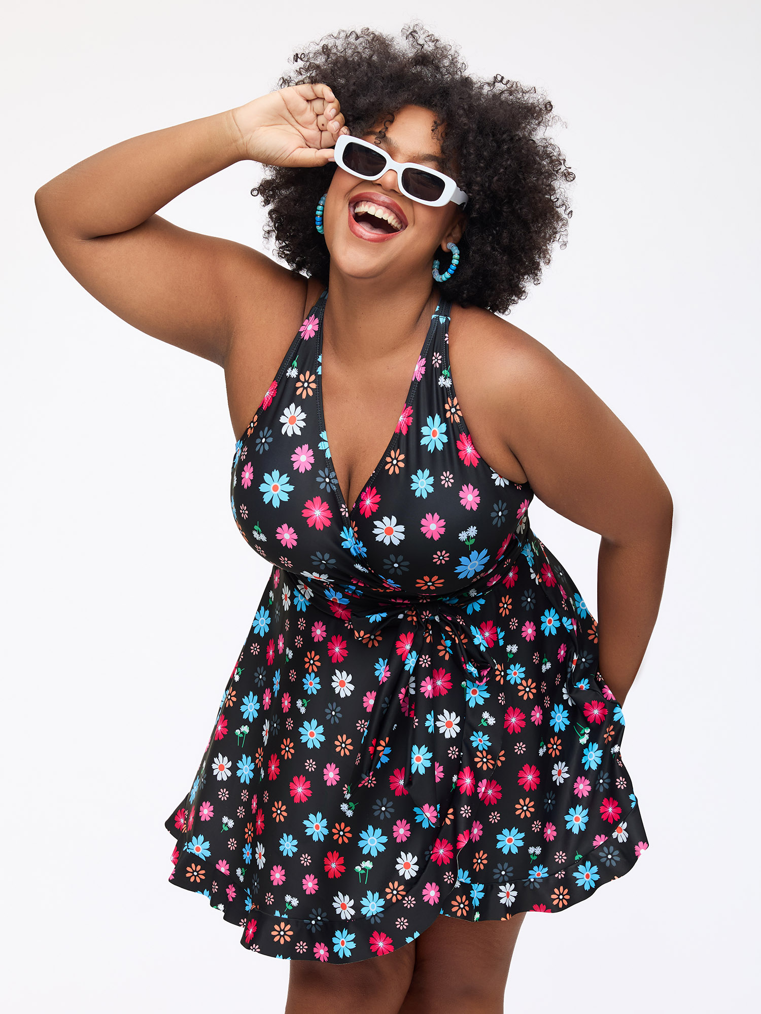 BloomChic Women's Plus Size Colorful Floral Print Fit Flare Swim Dress Black Ditsy Floral Lace-Up Adaptive-Fit 10/M