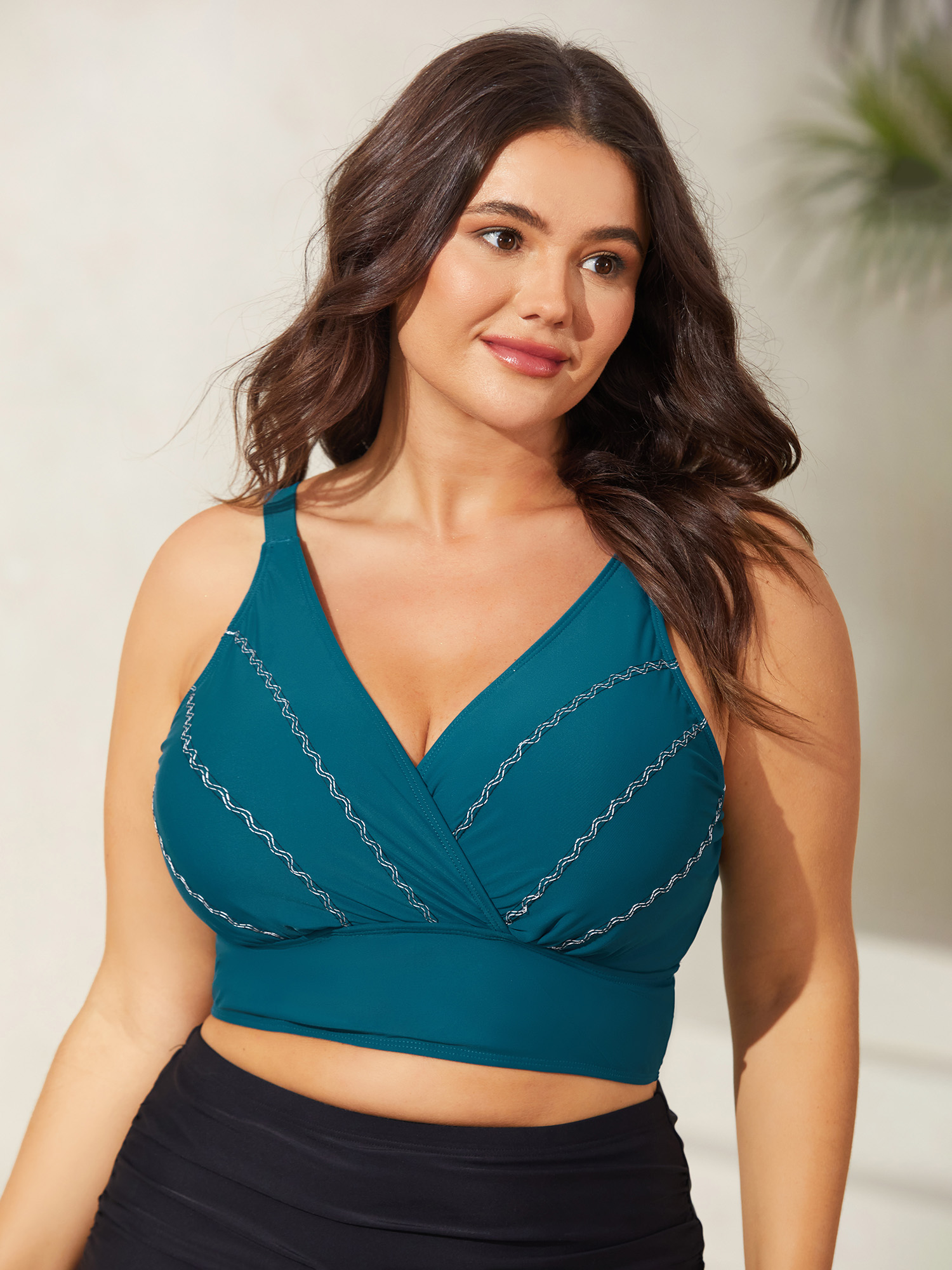 BloomChic Women's Plus Size Embroidered Surplice Neck Adjustable Swim Top Cyan Non Sleeveless Overlapping Adaptive-Fit 22-24/3X