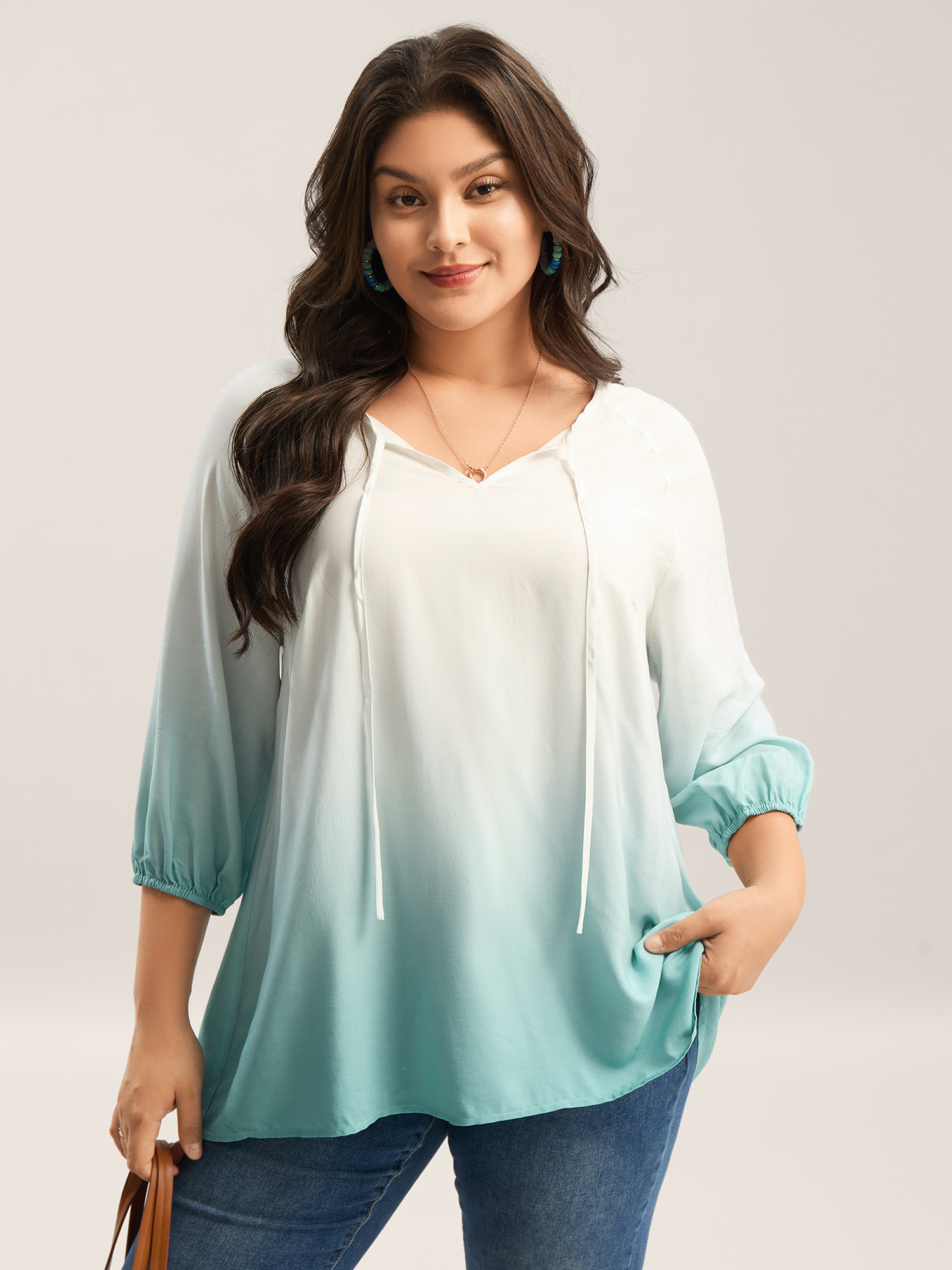 BloomChic Women's Plus Size Tie-Dye Rayon Neck Tie Blouse Malachitegreen Ombre Vacation 3/4 Sleeve V-Notch Neck 10/M
