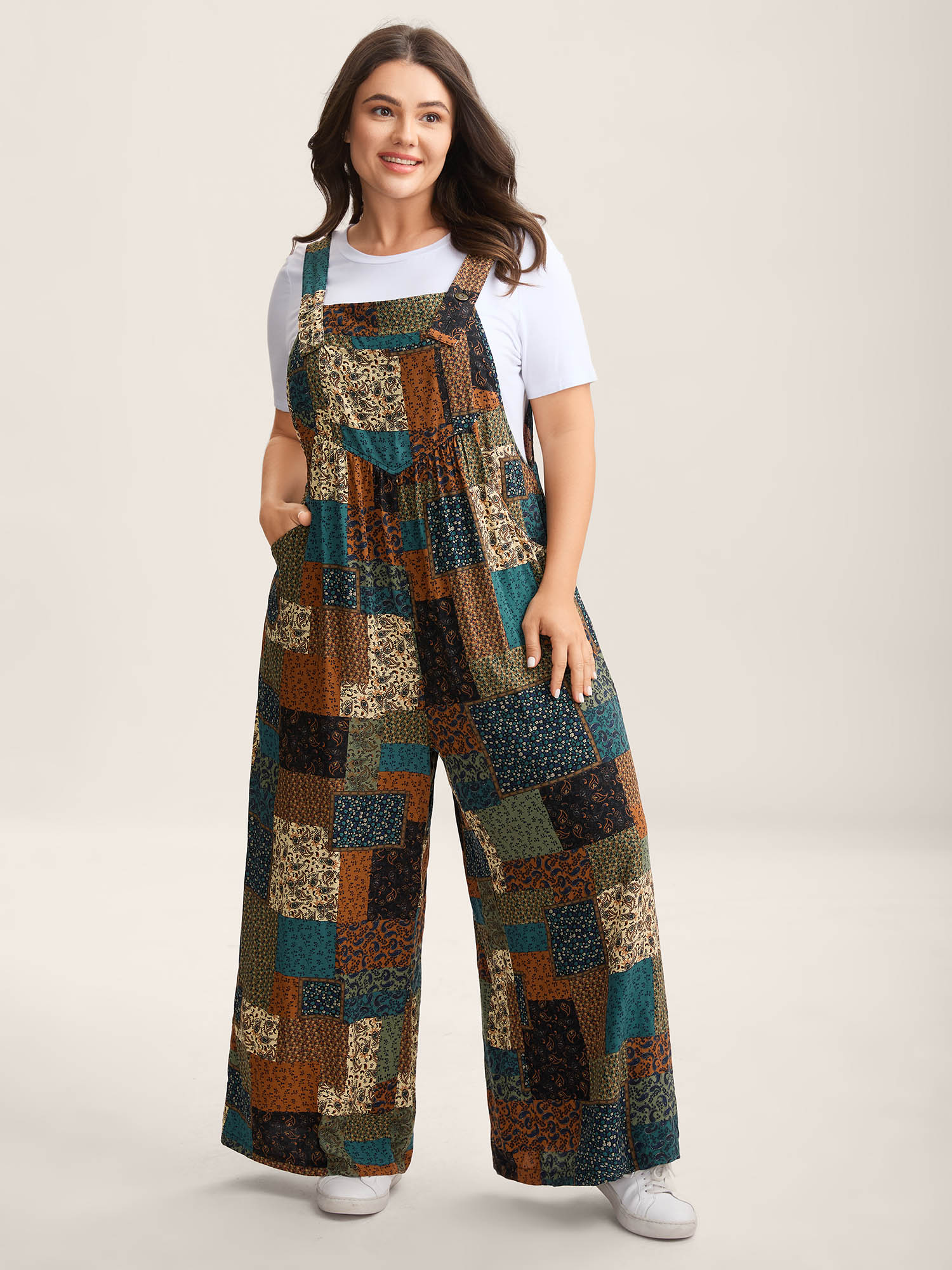 BloomChic Plus Size Vintage Boho Collage Overall Straps Jumpsuit - Curve Women's Multicolor Playsuit - Hidden Pocket Wide leg Jumpsuits 14/M