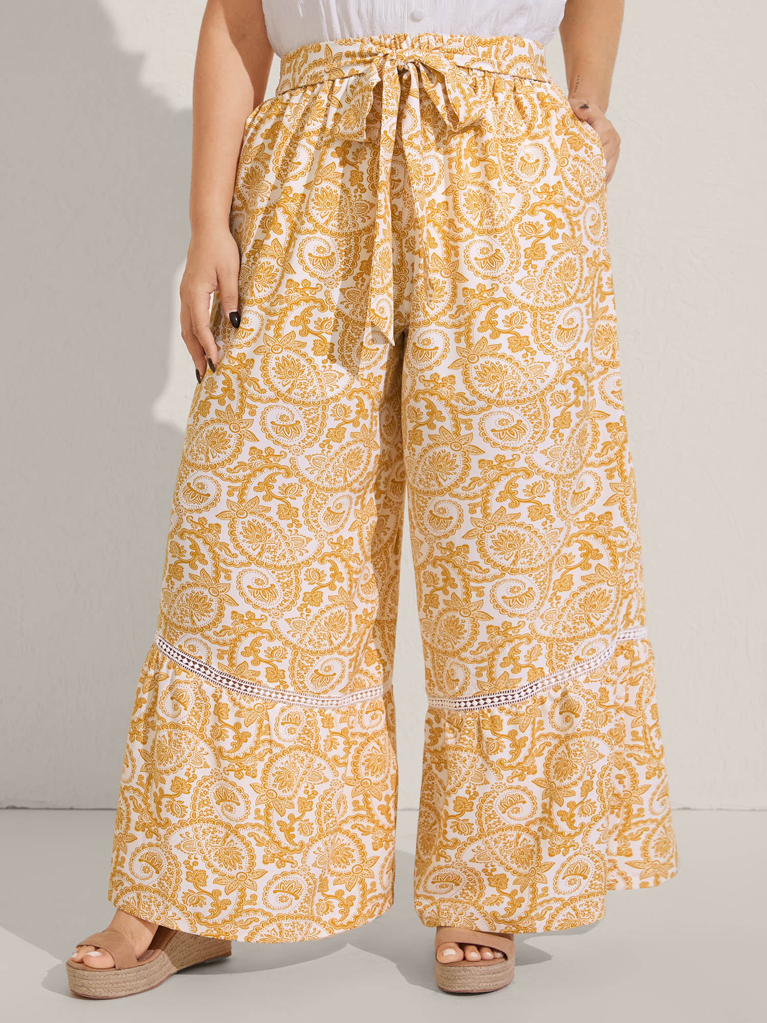 BloomChic Women's Plus Size Paisely Print Lace Trim Wide-Leg Pants Lightyellow Paisley Wide leg Mid Rise 10/M
