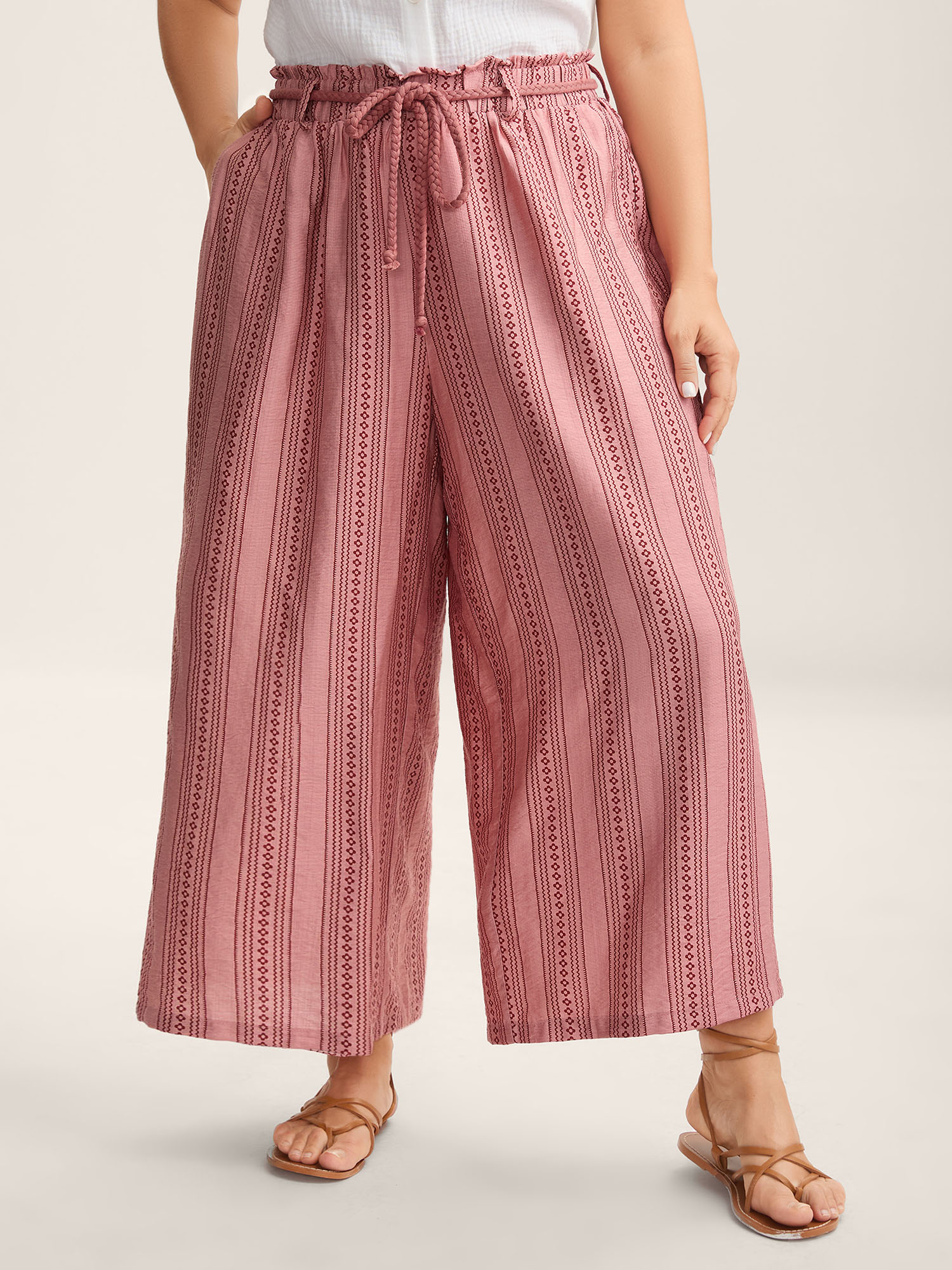 BloomChic Women's Plus Size Stripe Print Drawstring Wide-Leg Pants Rouge Stripes Wide leg Mid Rise 10/M