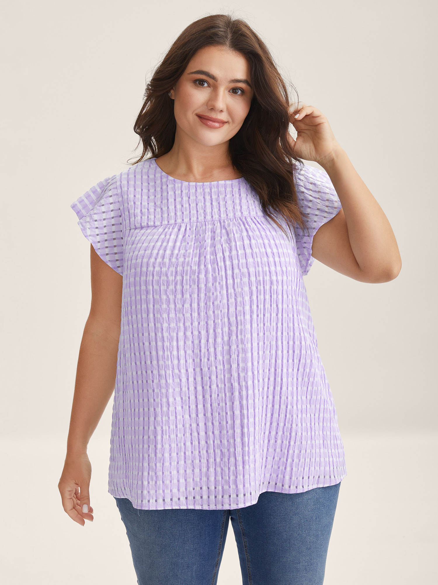 BloomChic Women's Plus Size Textured Sheer Lined Flutter Sleeve Blouse Lilac Solid Everyday-Casual Short sleeve Round Neck 10/M