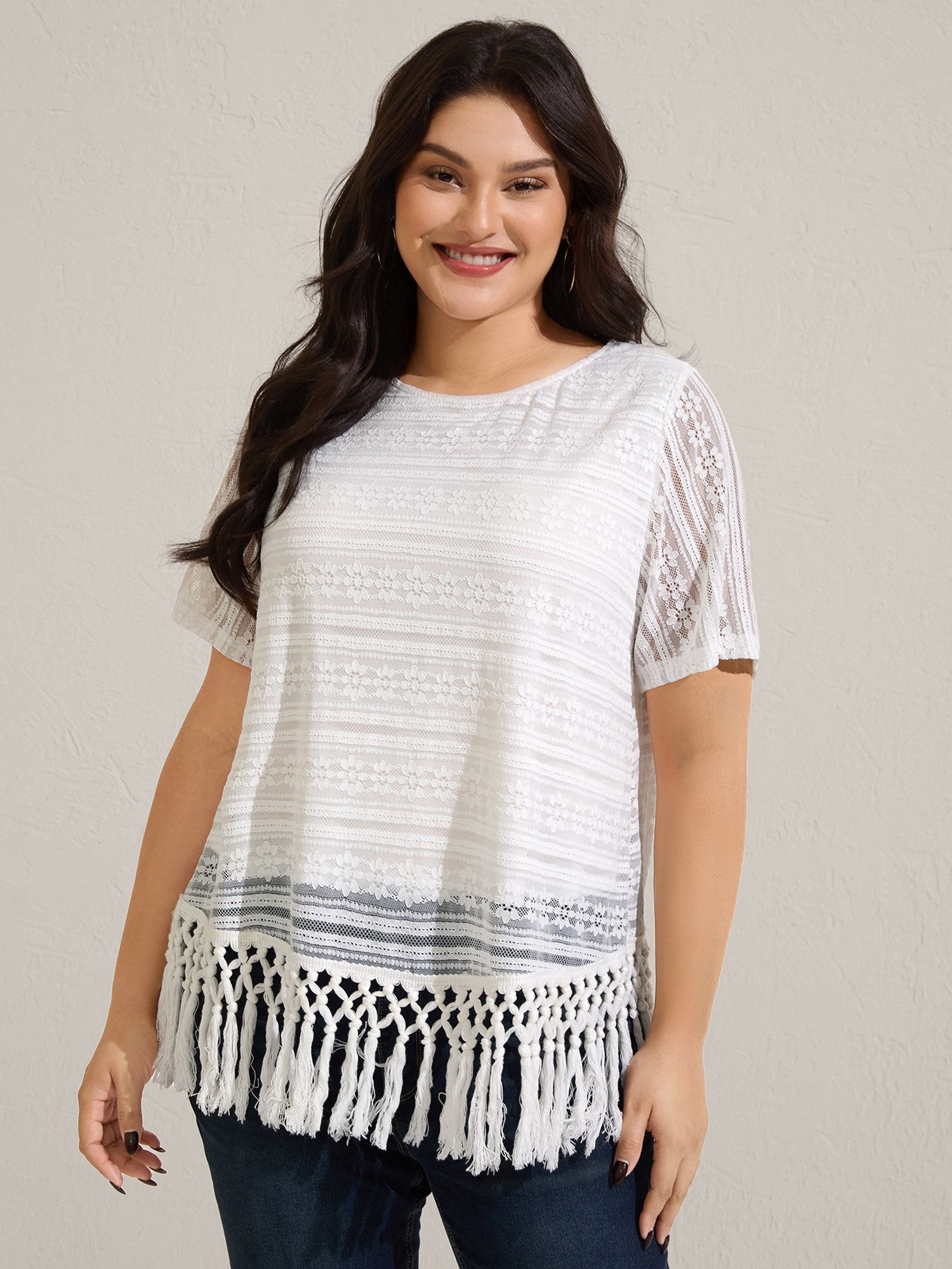 BloomChic Women's Plus Size Stretchy Lace Tassel Hem Solid Top Brilliant White Short sleeve Everyday-Casual Round Neck 30/6X